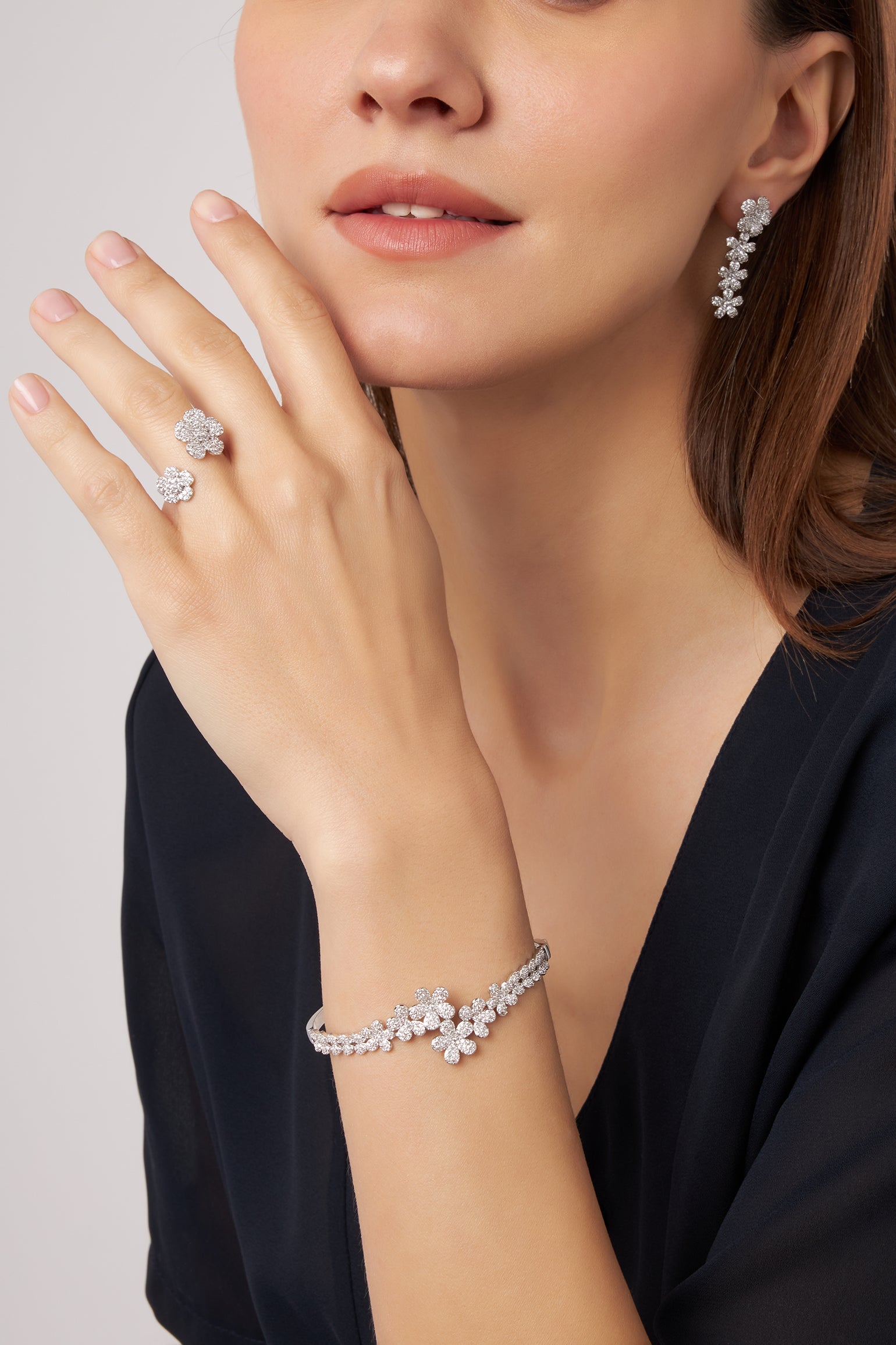 MELUSINA BIJOUX Rhodium Double Flower Ring