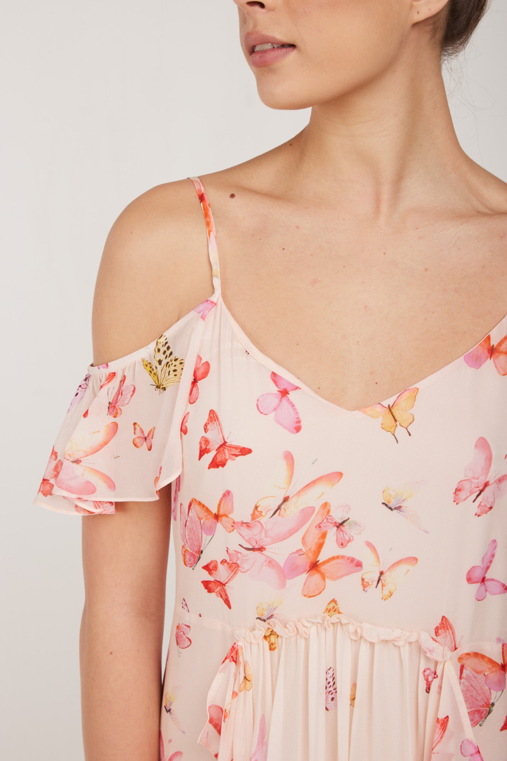 TWINSET Abito Lungo Rosa Chiffon Butterflies