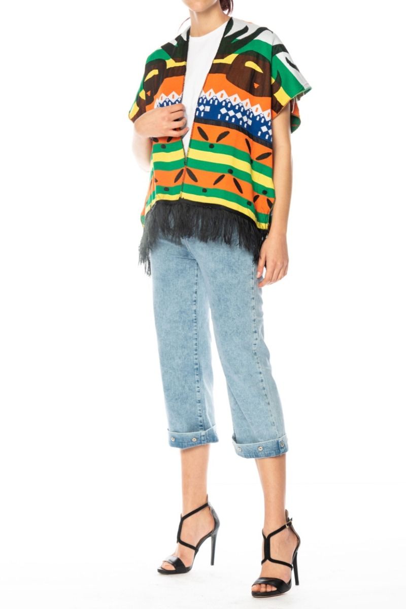 AKEP Kimono a Maniche Corte con Motivo Etnico Multicolor