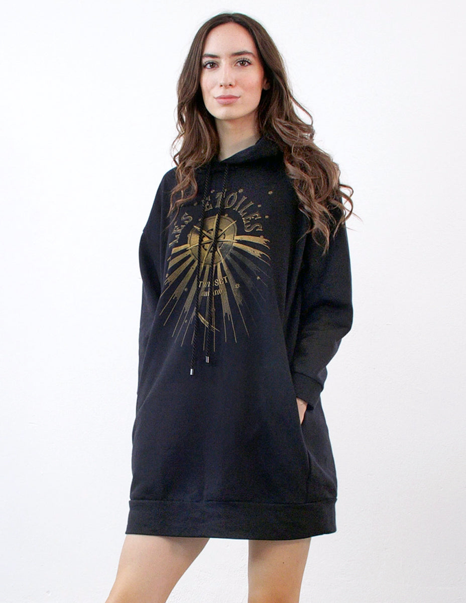 TWINSET Felpa Over Nera con Stampa Dorata