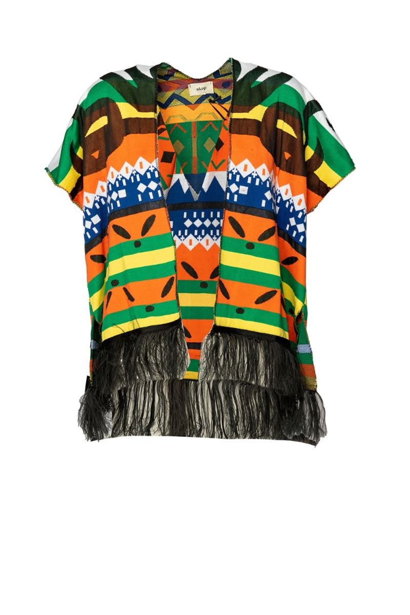 AKEP Kimono a Maniche Corte con Motivo Etnico Multicolor