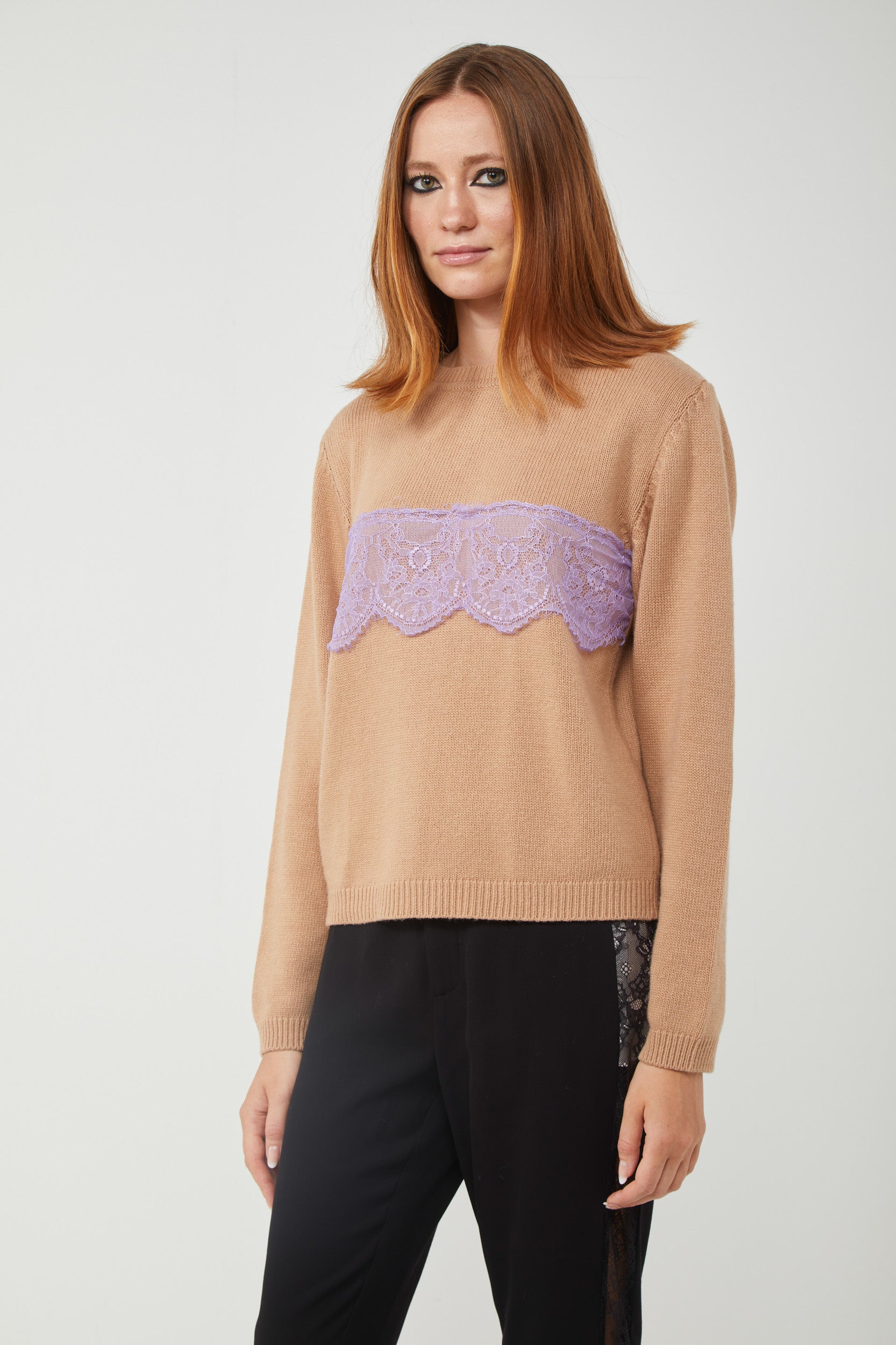 Beige sweater with lilac lace