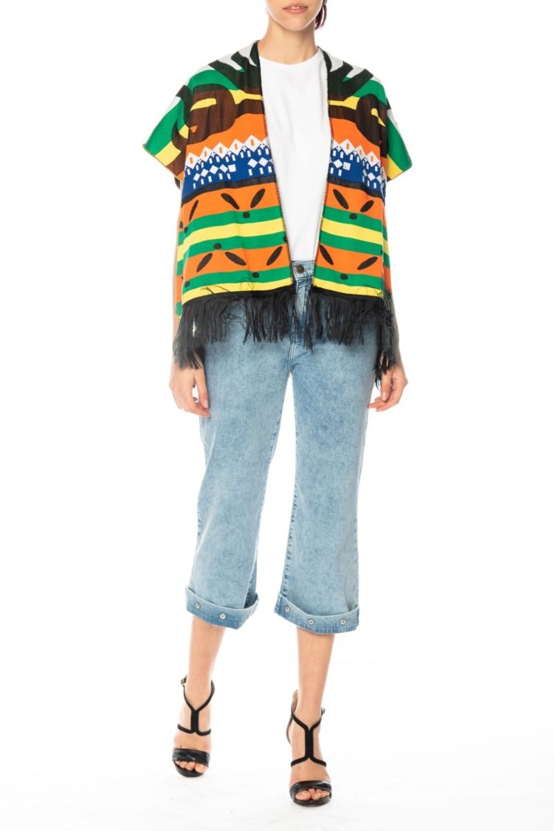 AKEP Kimono a Maniche Corte con Motivo Etnico Multicolor