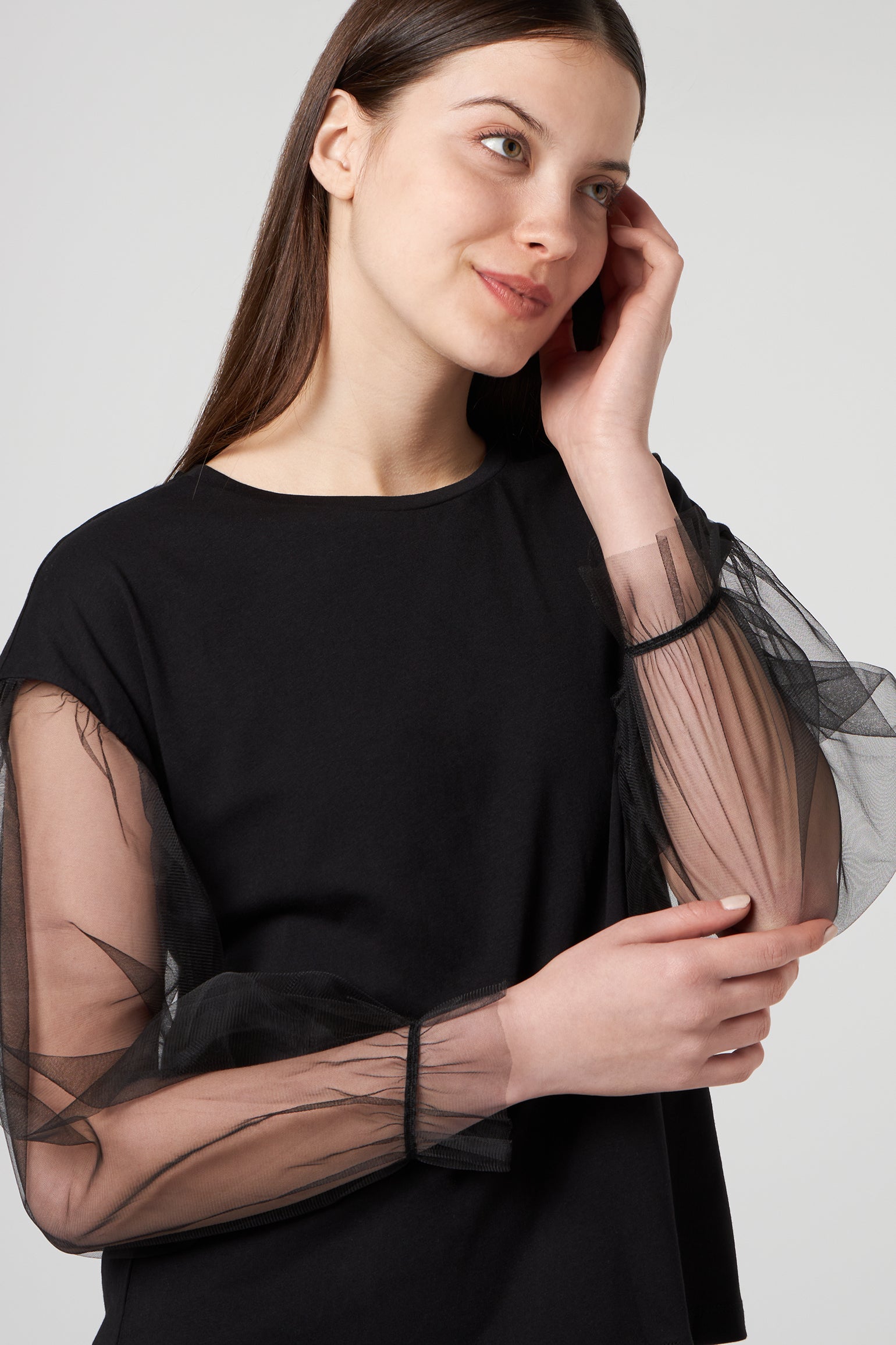 PATRIZIA PEPE Black Shirt with Transparent Sleeves