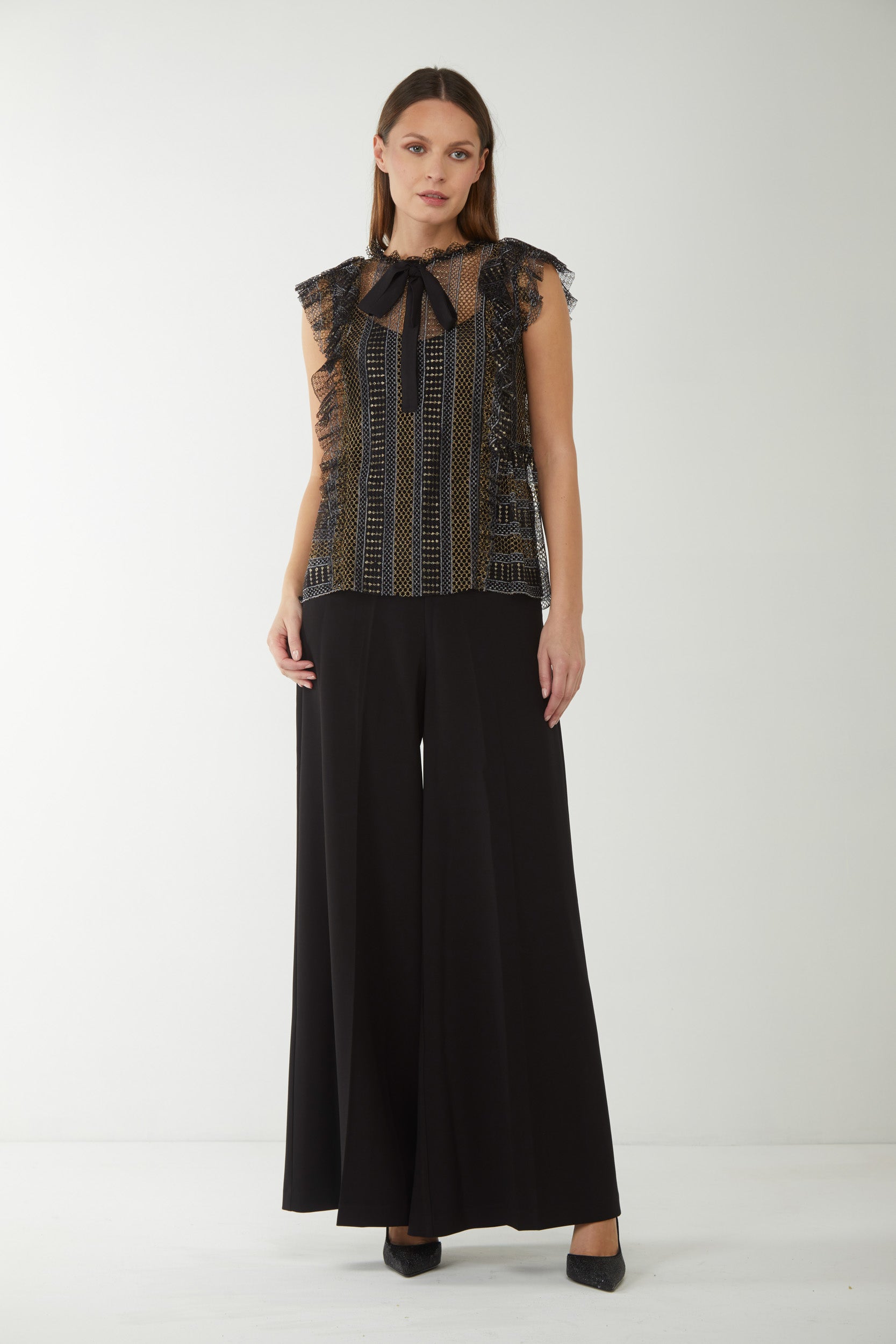 TWINSET Top in Pizzo Lurex con Collo a Fiocco