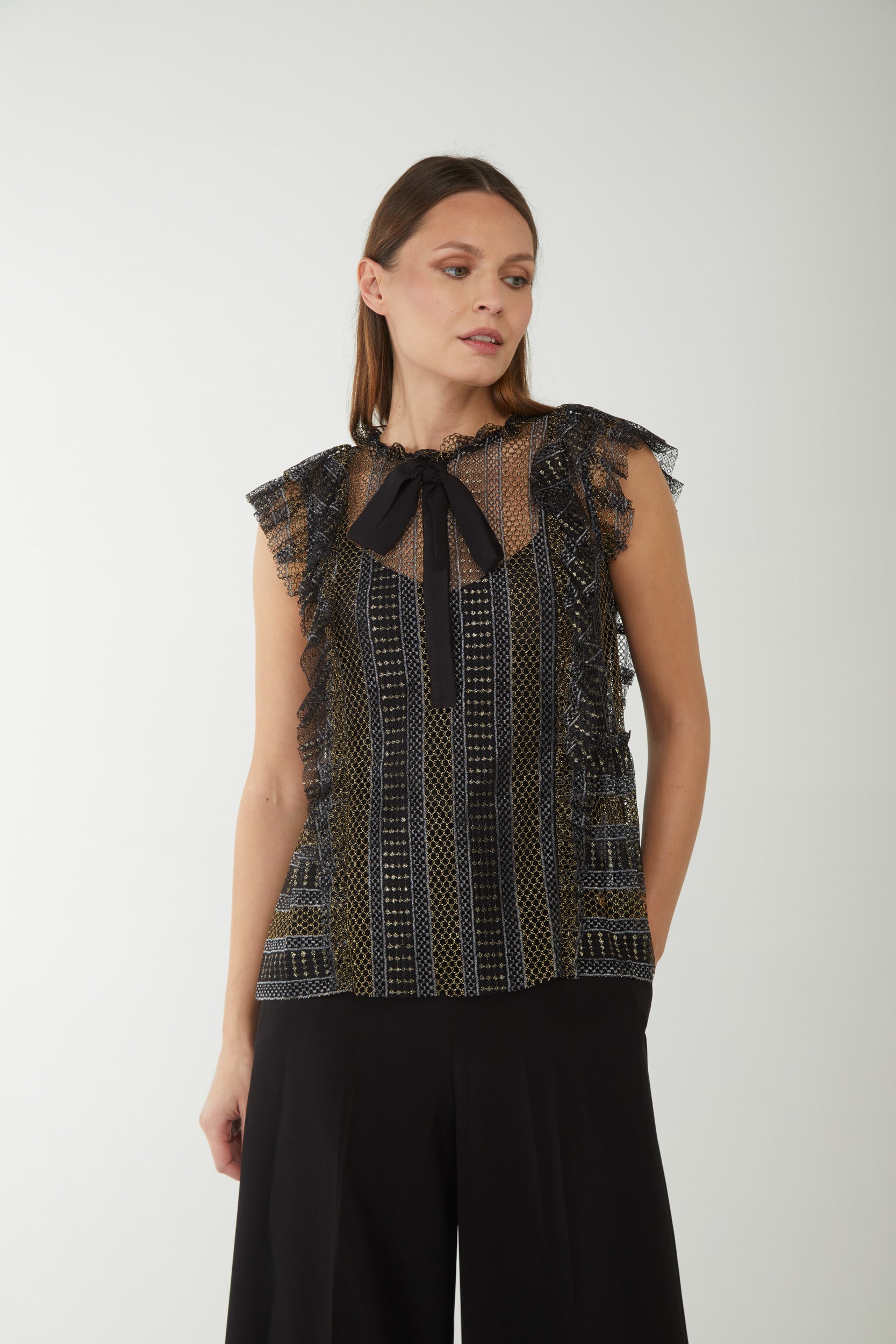 TWINSET Top in Pizzo Lurex con Collo a Fiocco