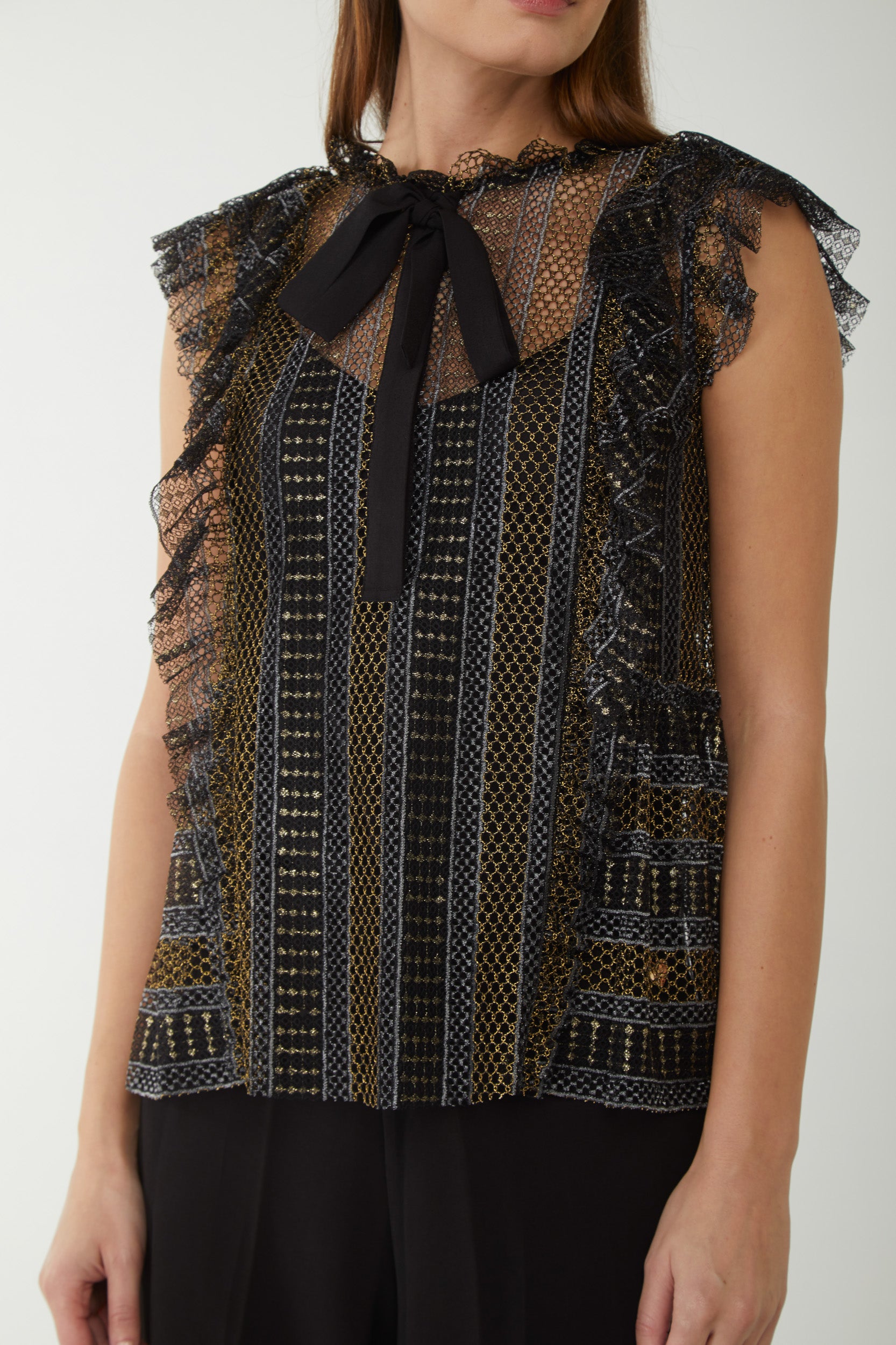 TWINSET Top in Pizzo Lurex con Collo a Fiocco