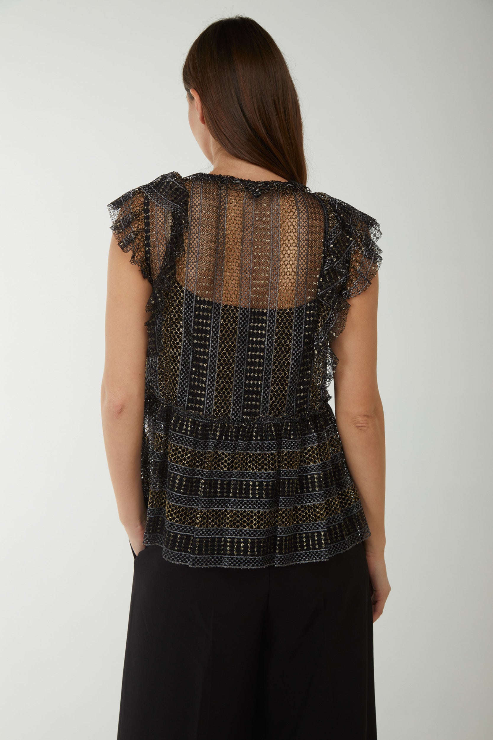 TWINSET Top in Pizzo Lurex con Collo a Fiocco