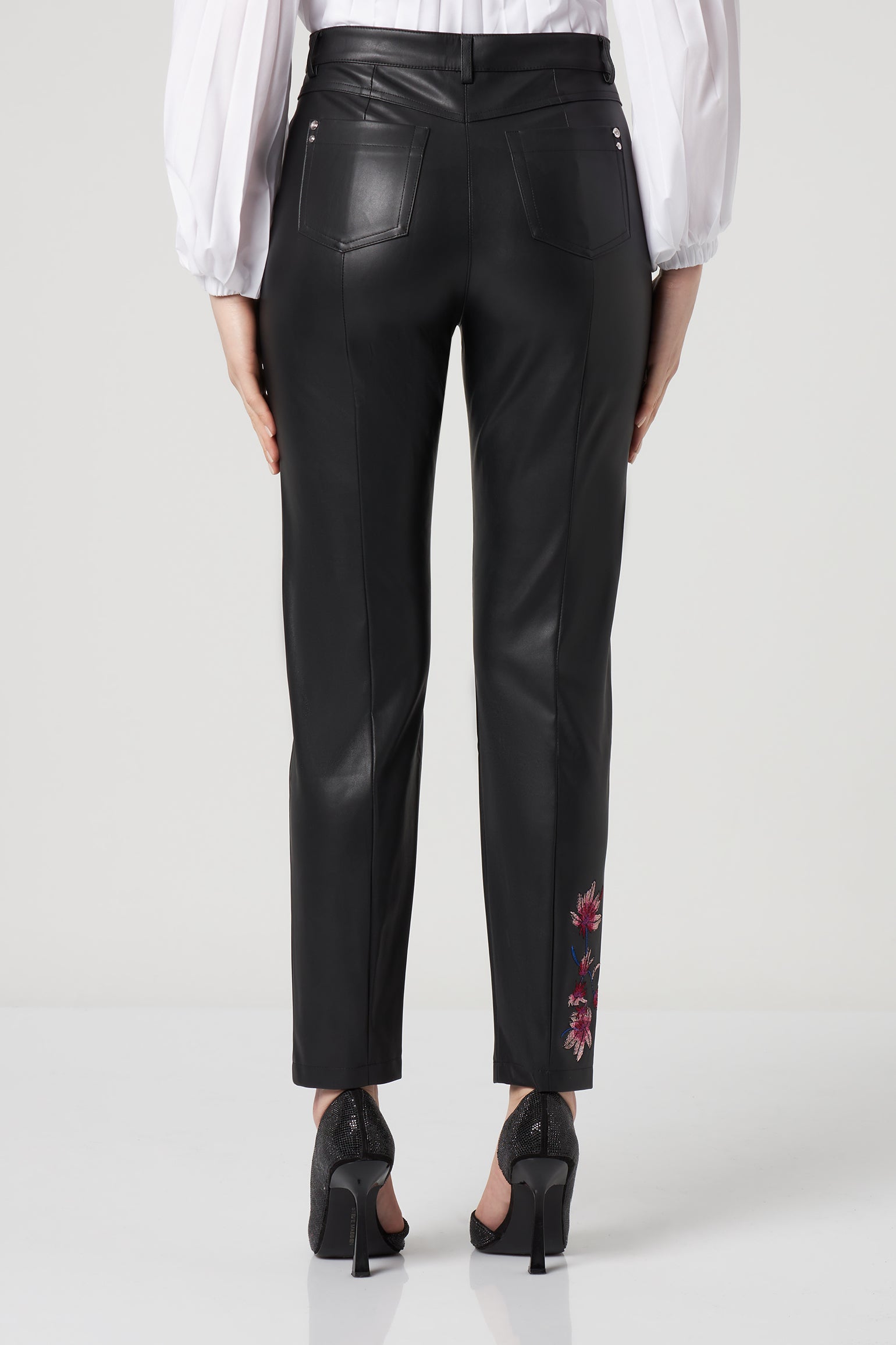 PATRIZIA PEPE Black Faux Leather Pants with Flowers