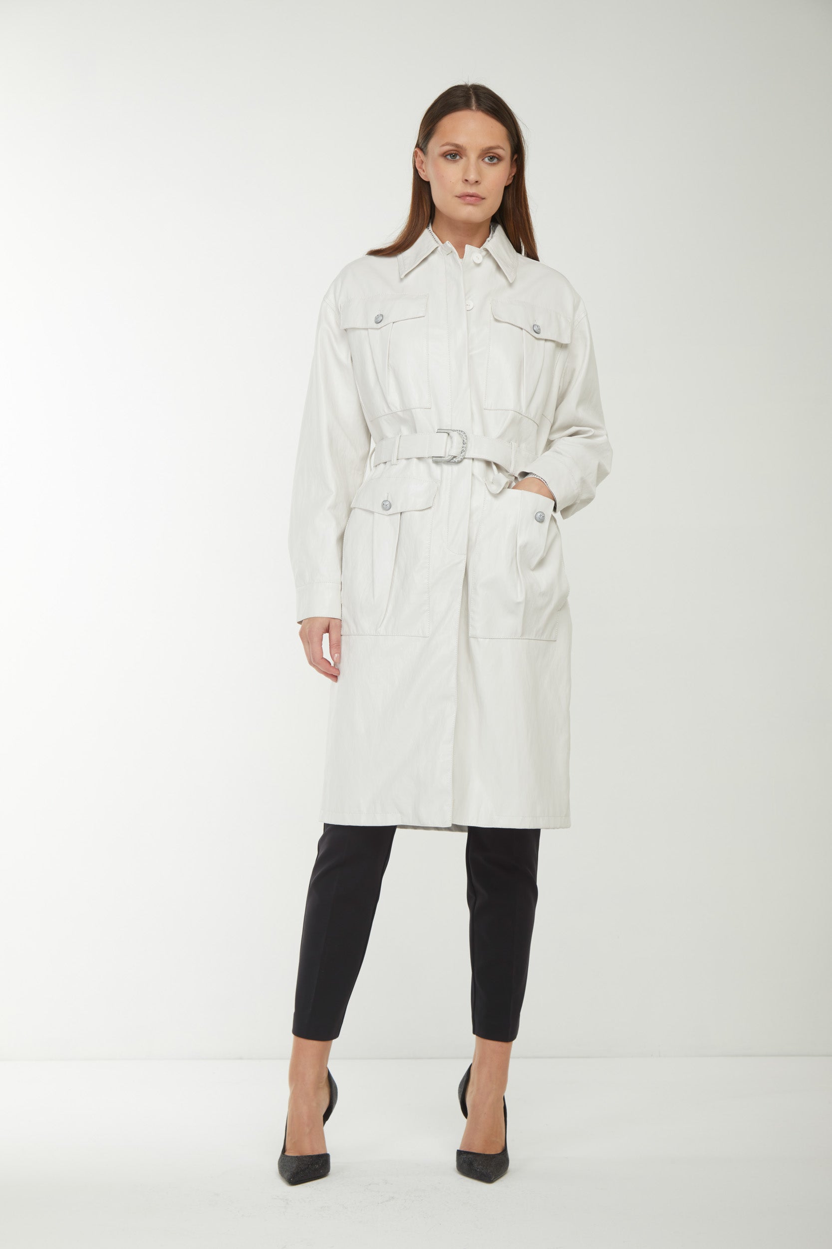 PINKO Trench Coat in White Faux Leather
