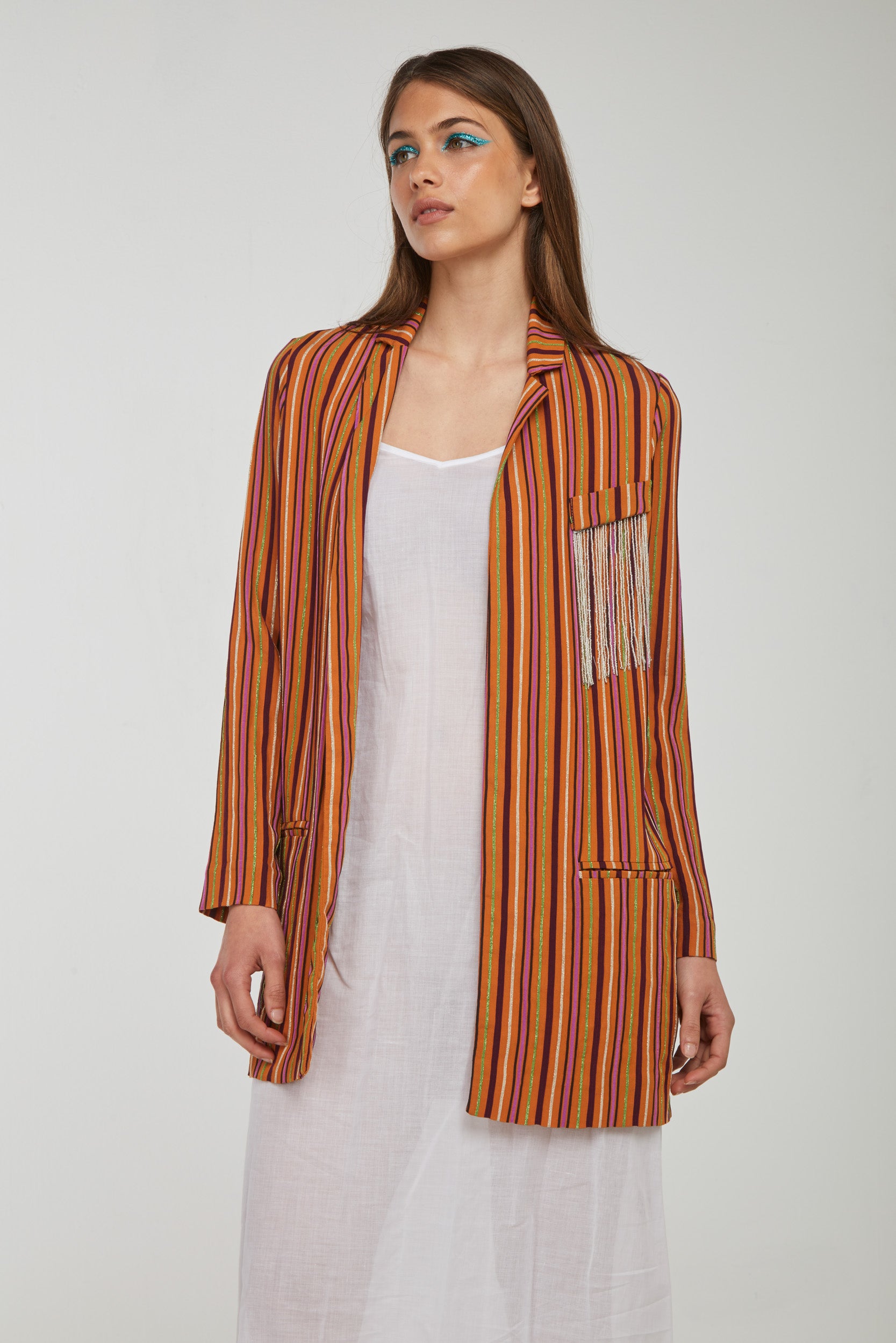 OTTOD'AME Orange Lurex Striped Open Blazer