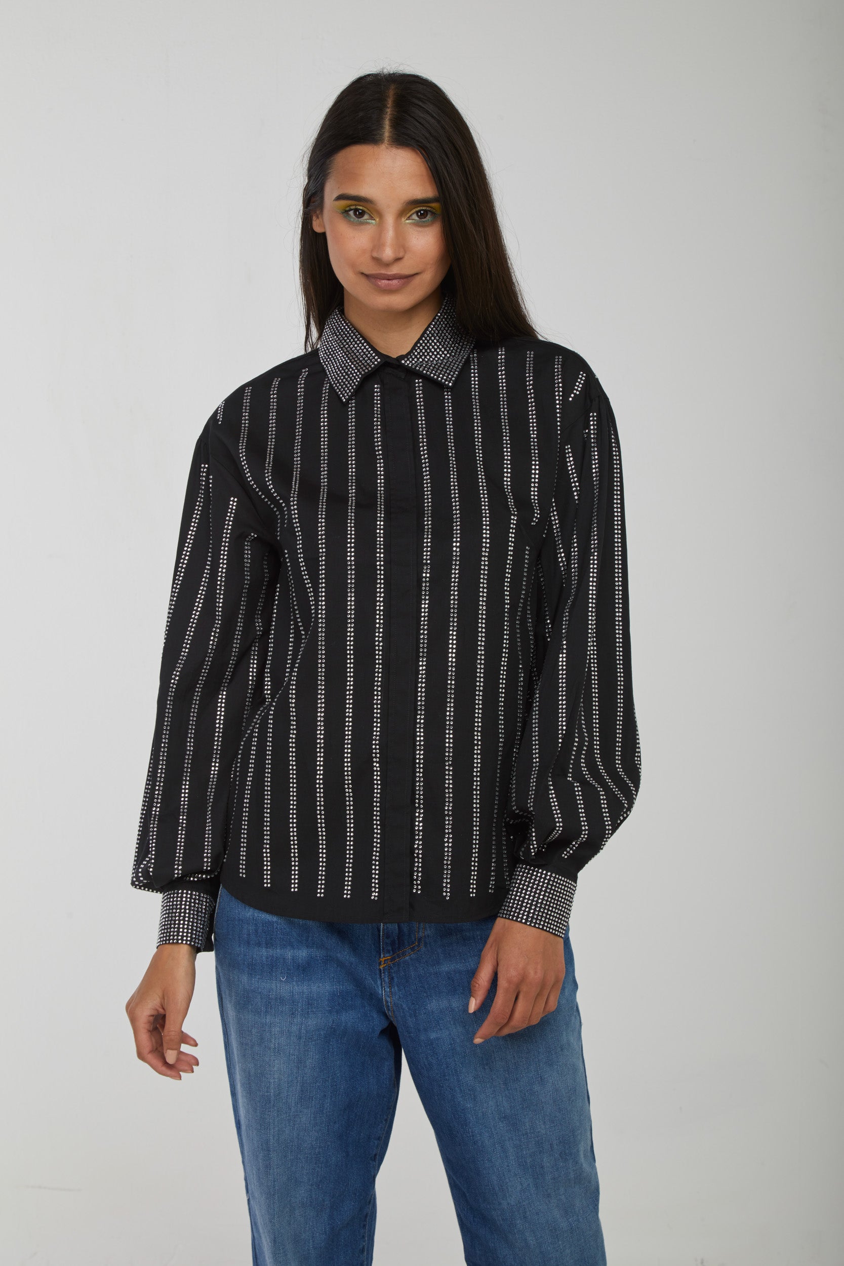 PINKO Camicia Nera con Glitter Argento