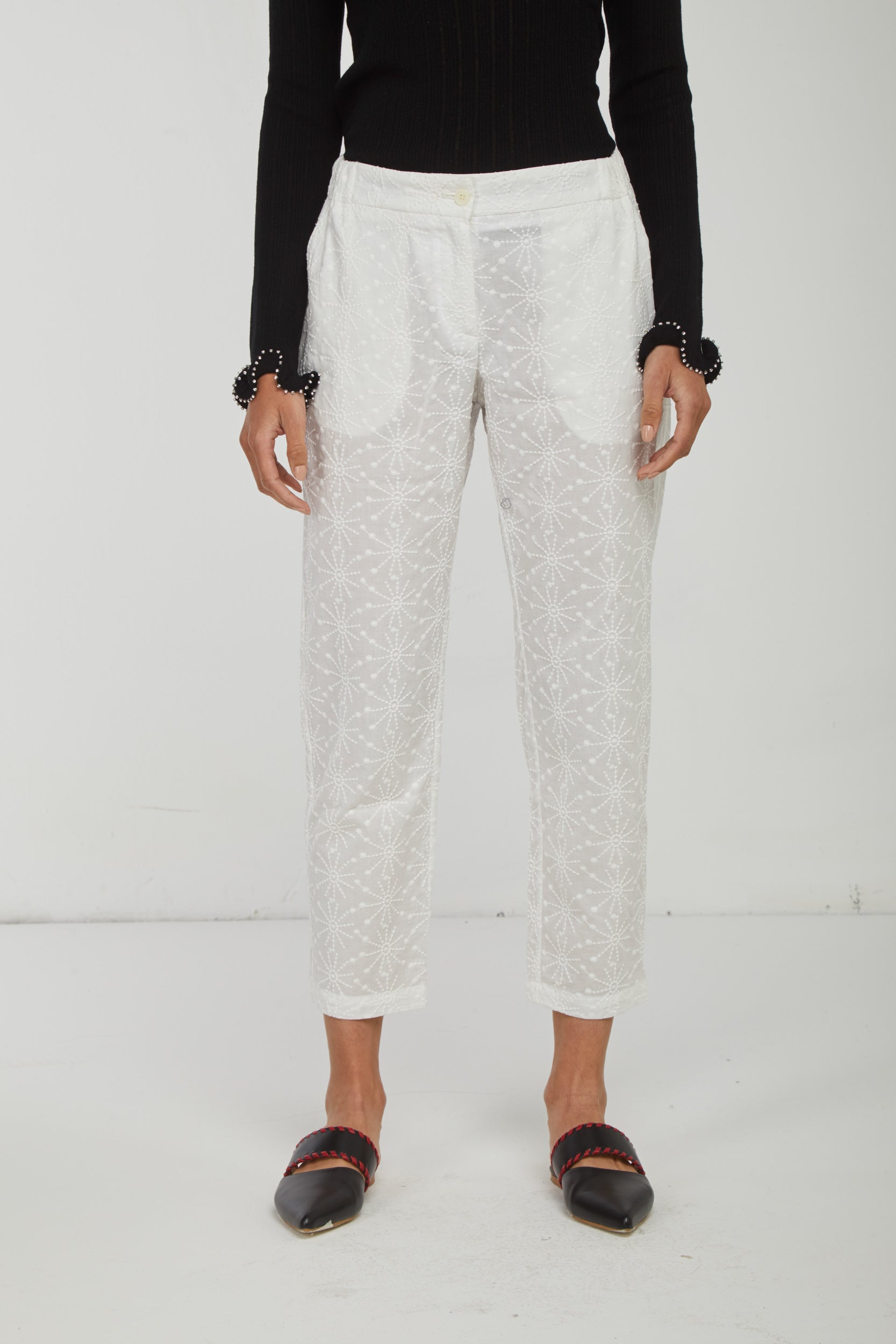 OTTOD'AME Pantalone Bianco Cotone e Ricami