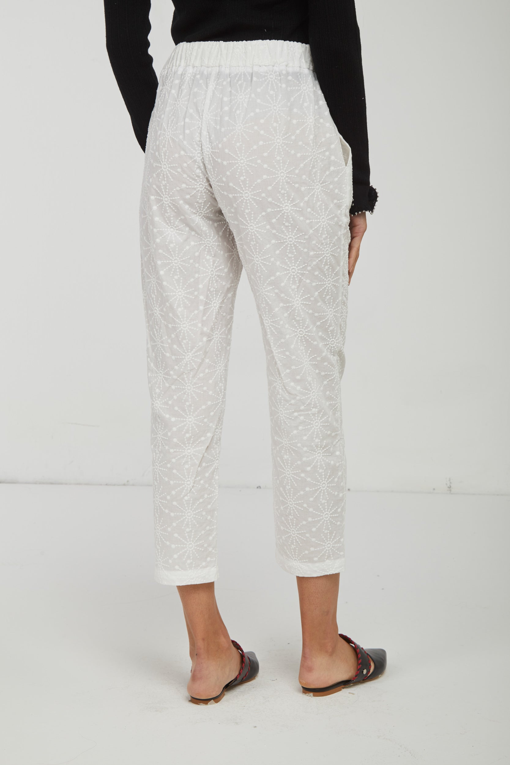 OTTOD'AME Pantalone Bianco Cotone e Ricami