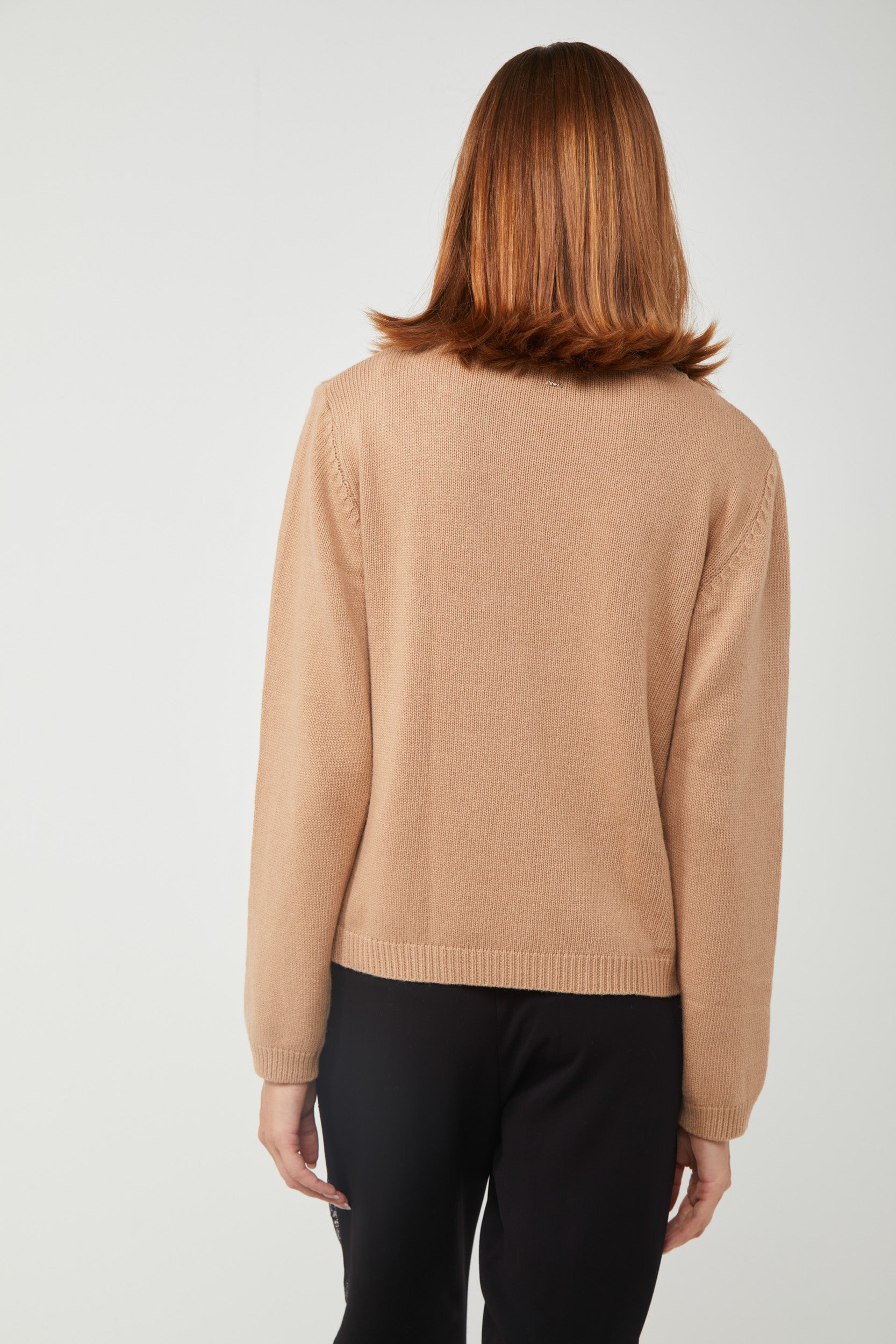 Beige sweater with lilac lace