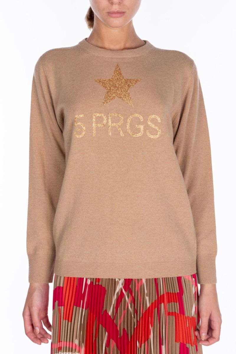 5PROGRESS Pullover Cammello con Logo Glitter