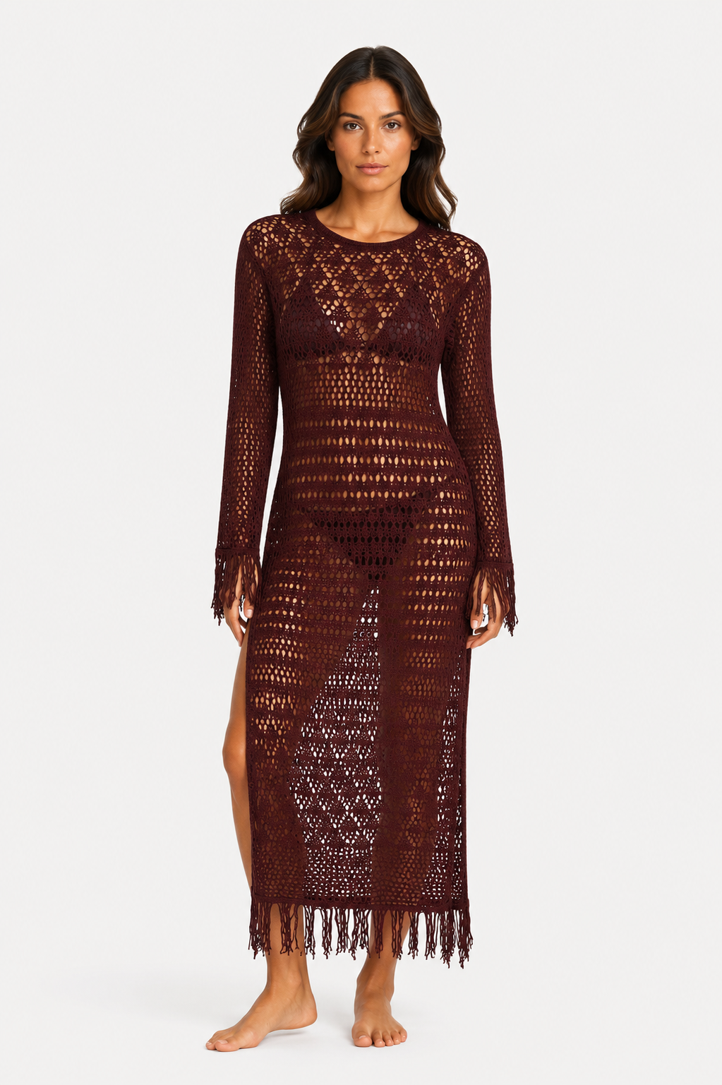 Twinset Abito Lungo Crochet Marrone