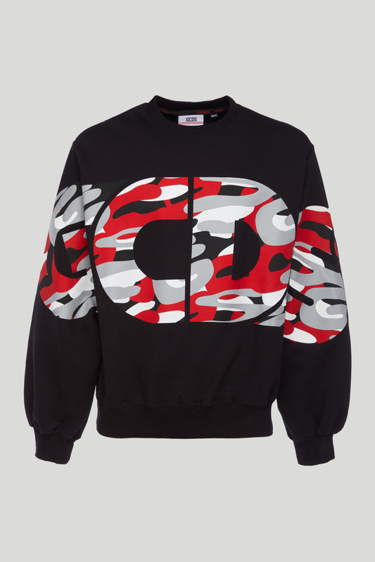 GCDS Felpa Nera Girocollo Logo Camouflage