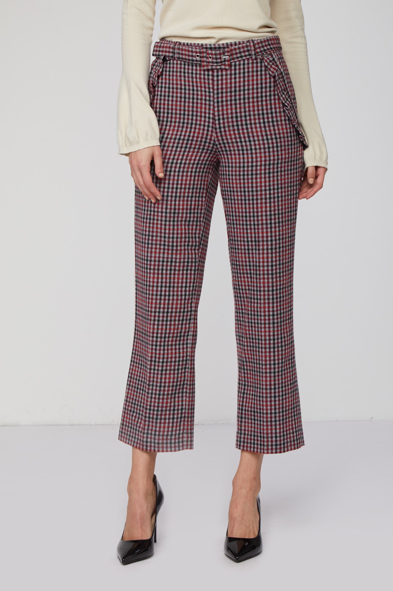 TWINSET Pantaloni Stampa Checked Grigia e Rossa