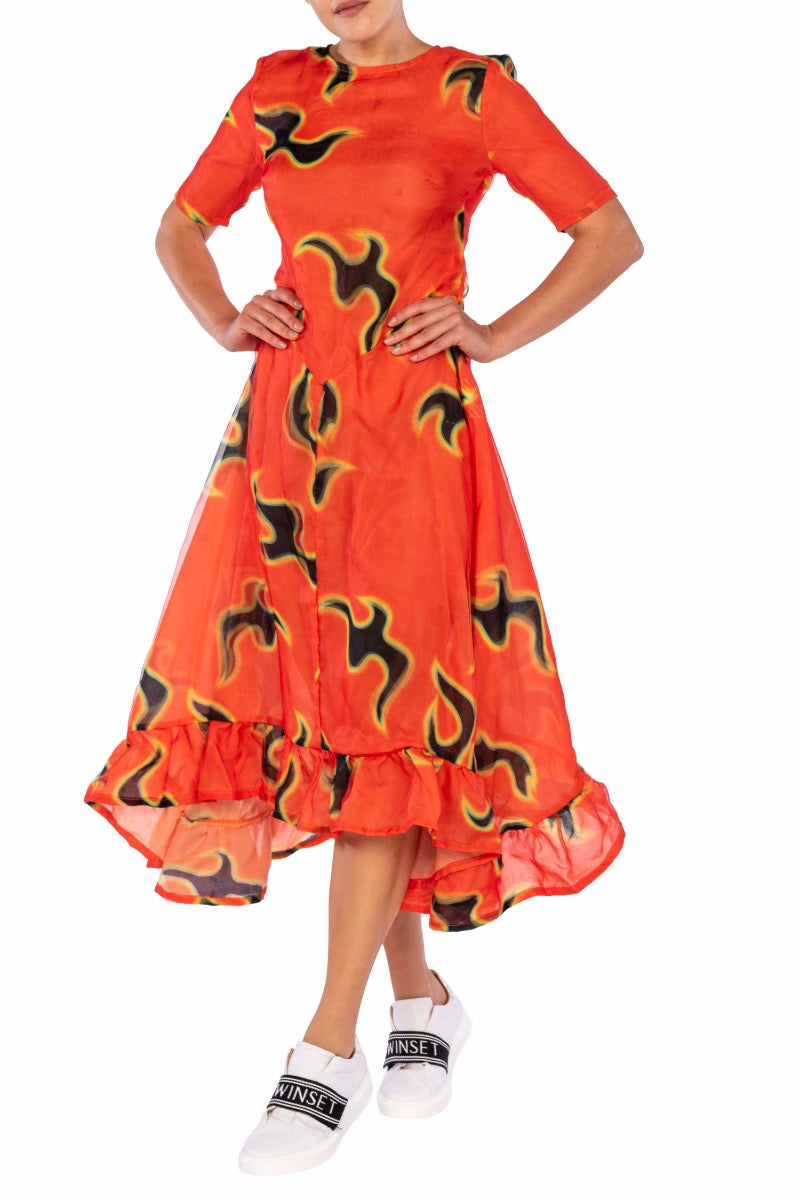 Flame Dress With White Rouches
