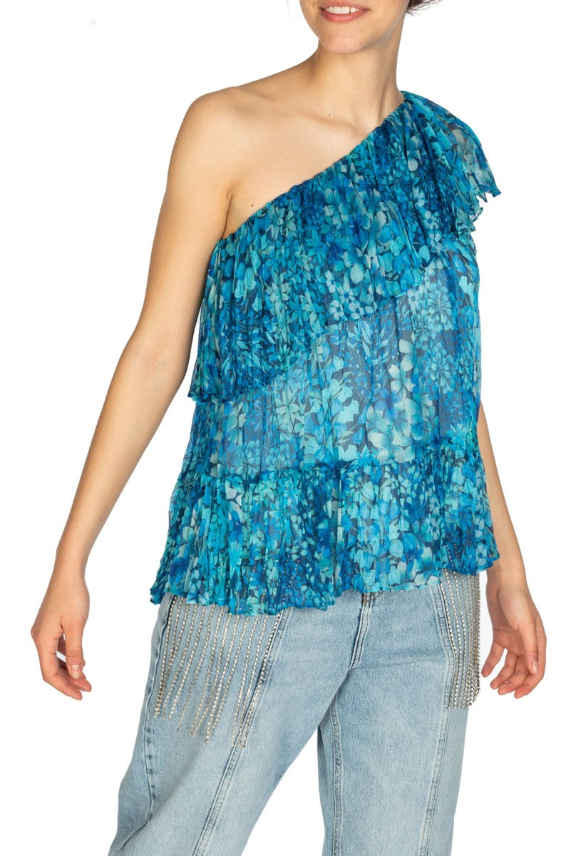 TWINSET Top Monospalla con Fantasia Floreale Azzurra