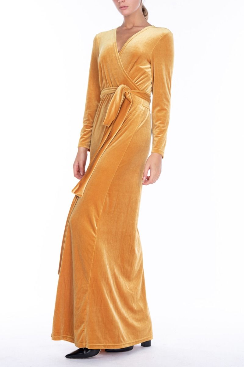 ALESSANDRA GALLO Vestito Lungo in Velluto Ocra