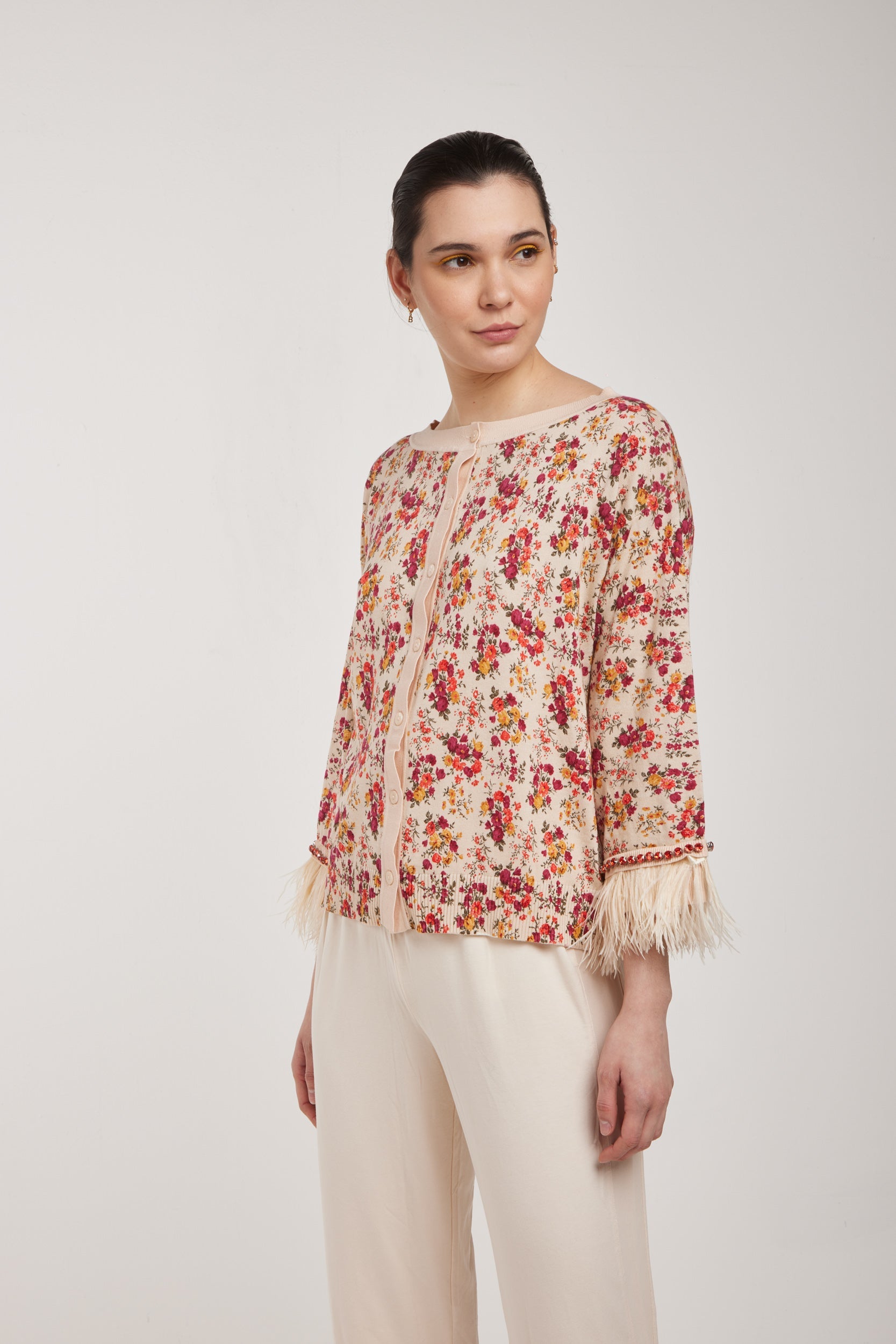 TWINSET Pink Floral and Feathers Cardigan