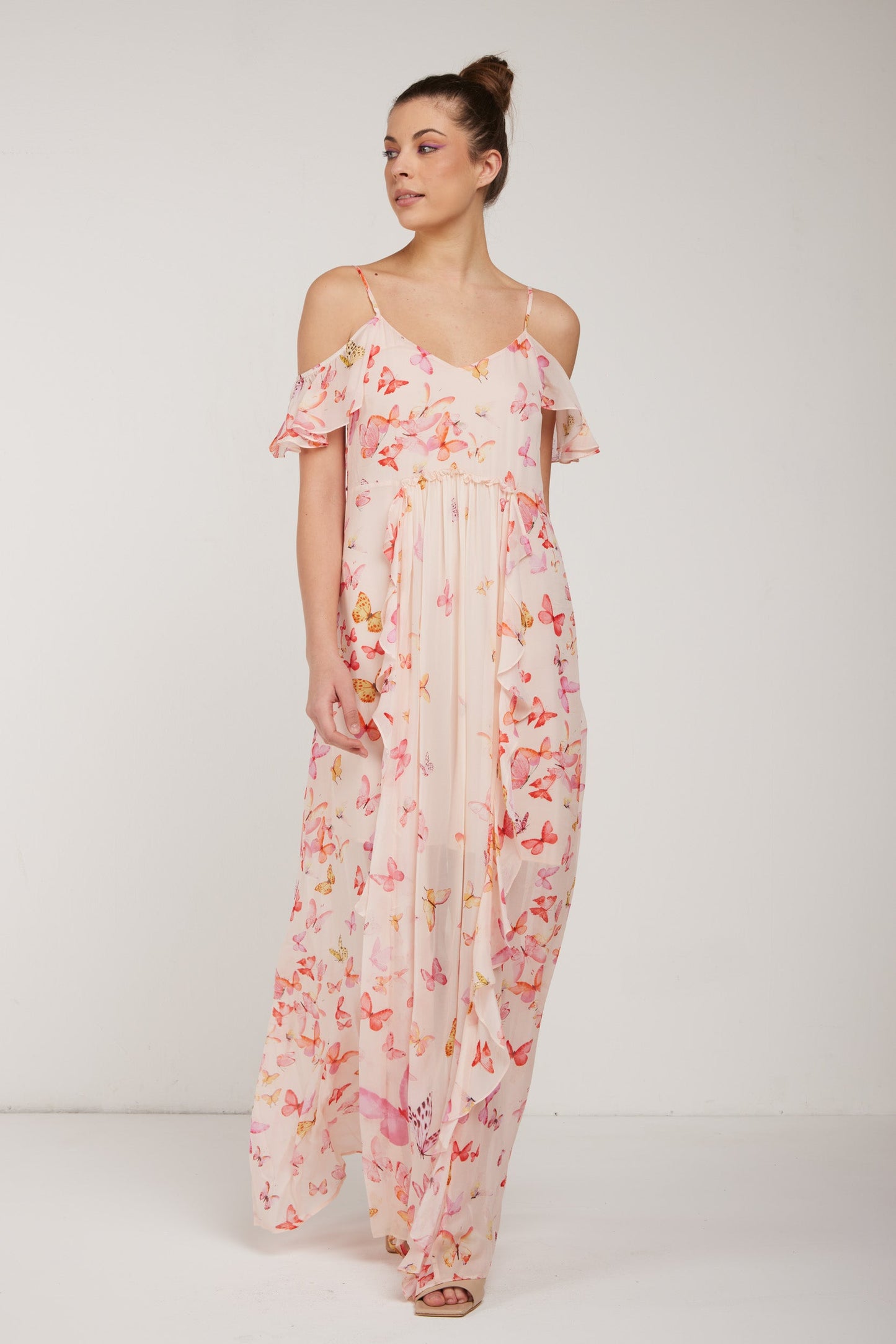 TWINSET Abito Lungo Rosa Chiffon Butterflies