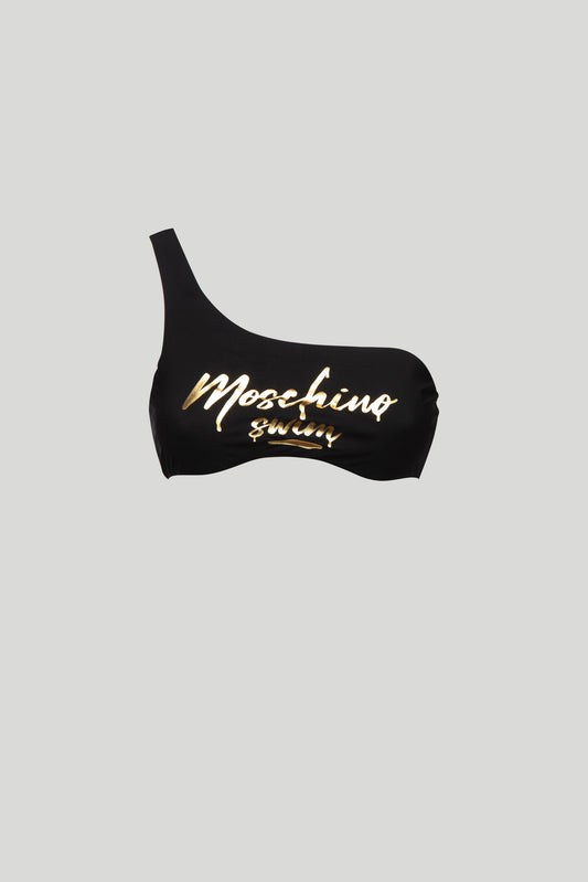 MOSCHINO Black One Shoulder Bikini Top with Moschino Swim Logo