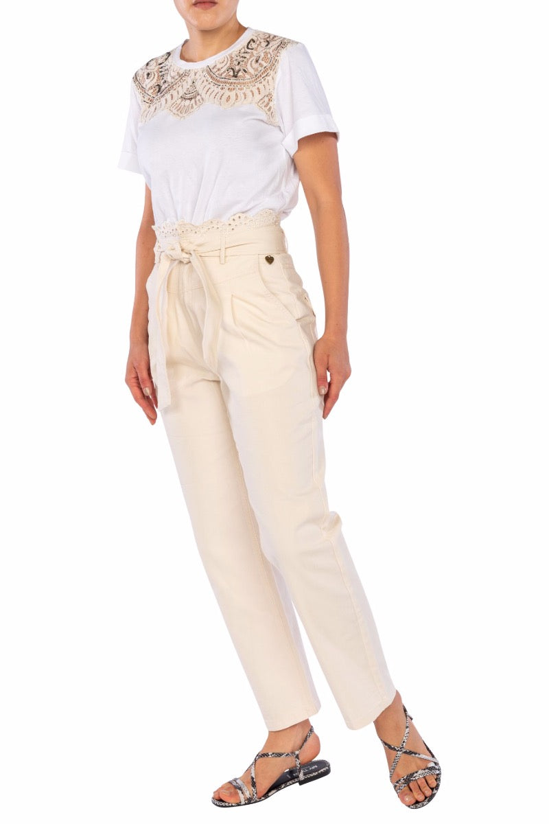 Canvas Trousers with Twinset Ivory Sangallo Embroidery