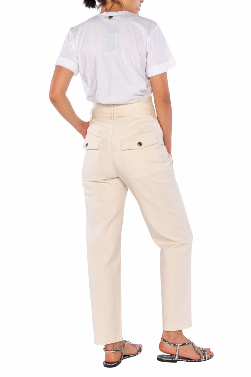 Canvas Trousers with Twinset Ivory Sangallo Embroidery