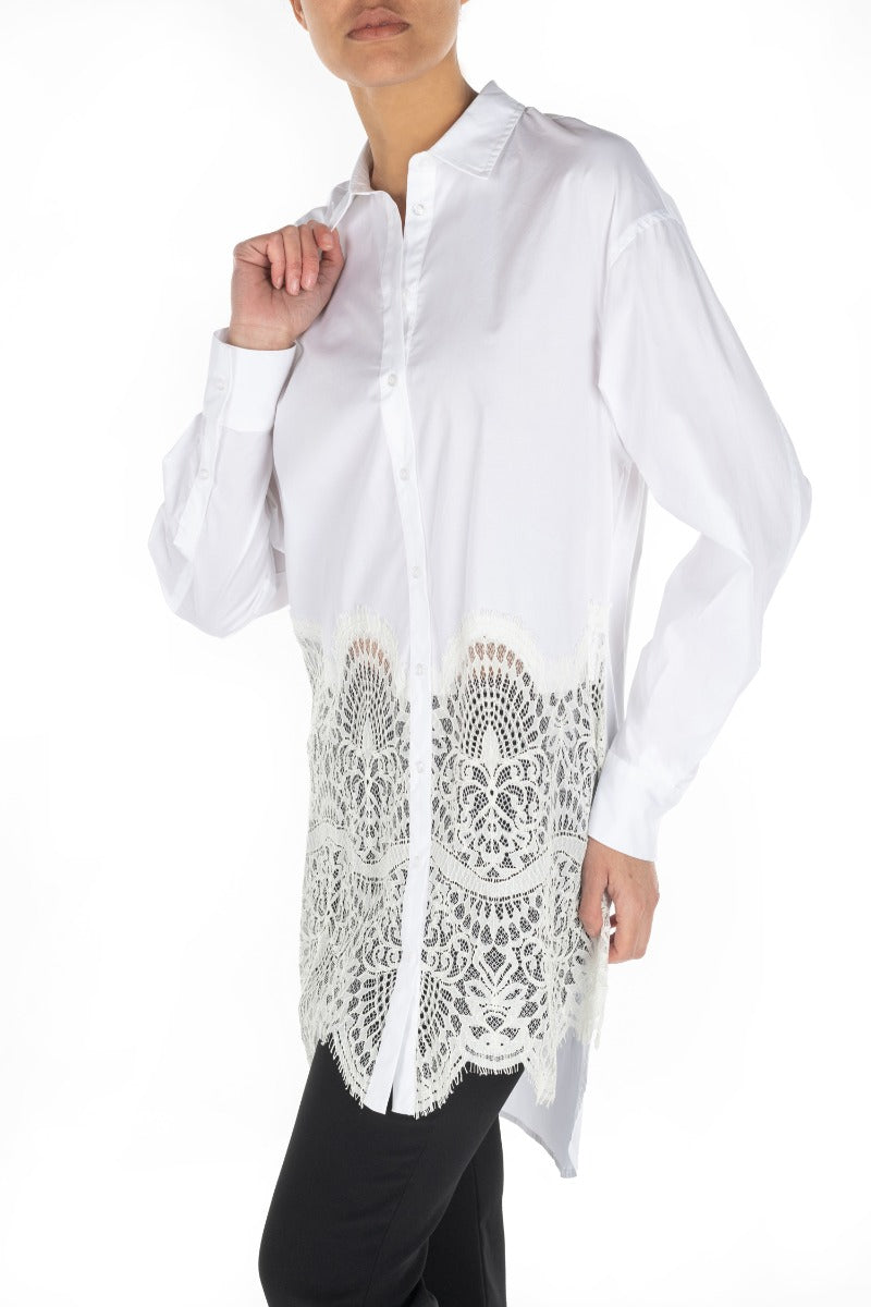 TWINSET Camicia Bianca in Popeline con Pizzo