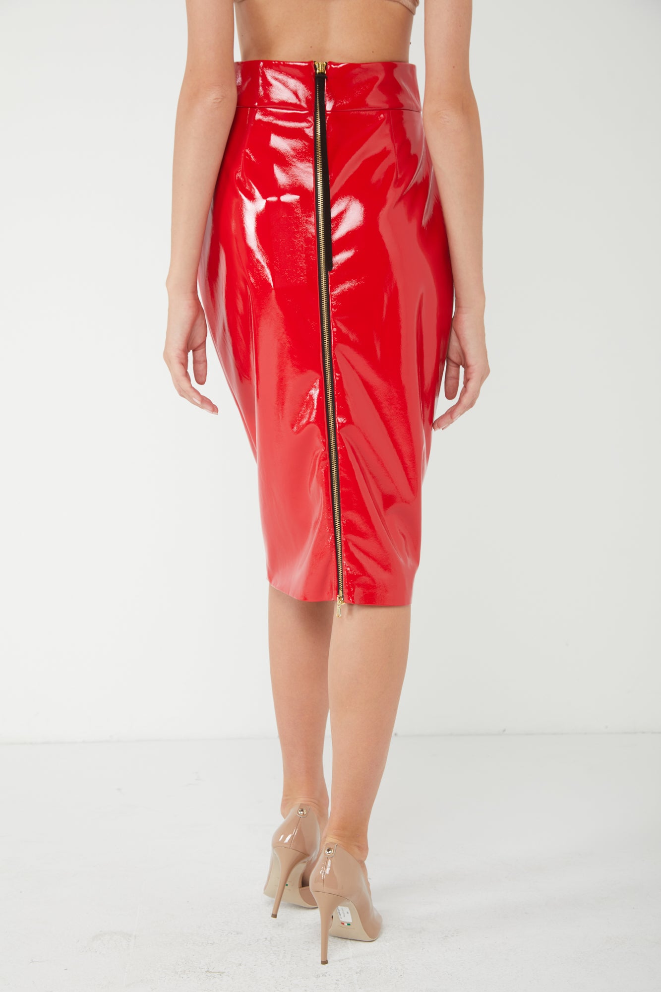 NINEMINUTES The Pencil Latex Red Skirt