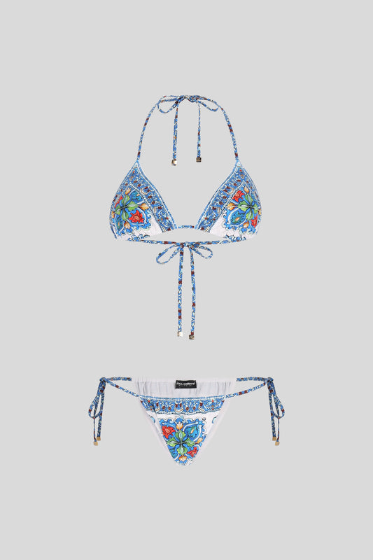 DOLCE & GABBANA Bikini con Top a Triangolo Fantasia Maiolica