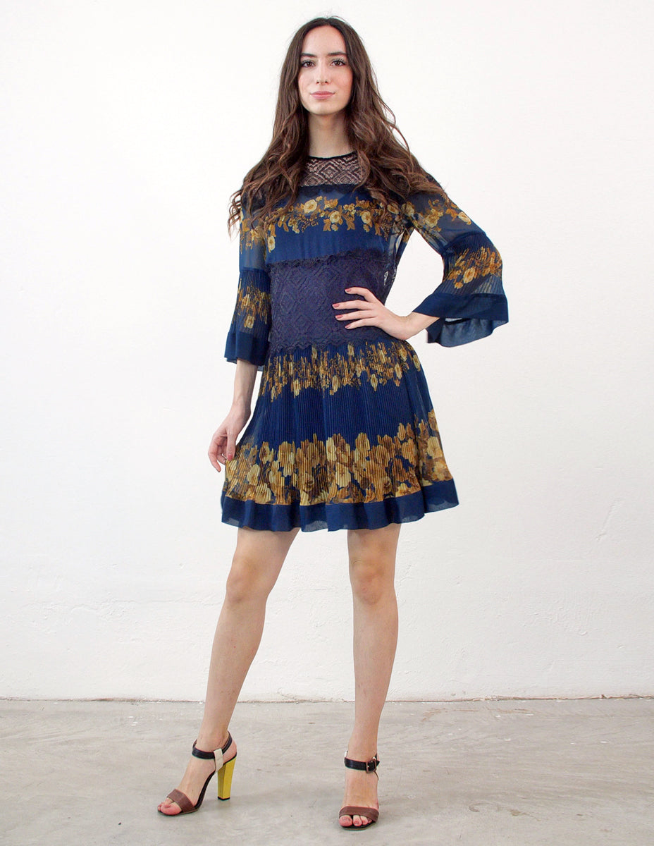 TWINSET Abito Chiffon Petrolio con Stampa a Fiori