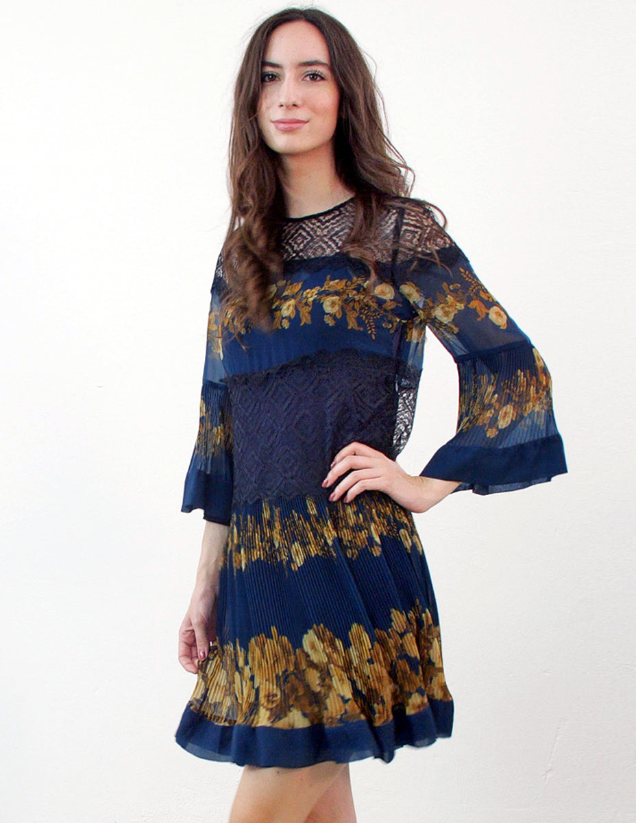 TWINSET Abito Chiffon Petrolio con Stampa a Fiori