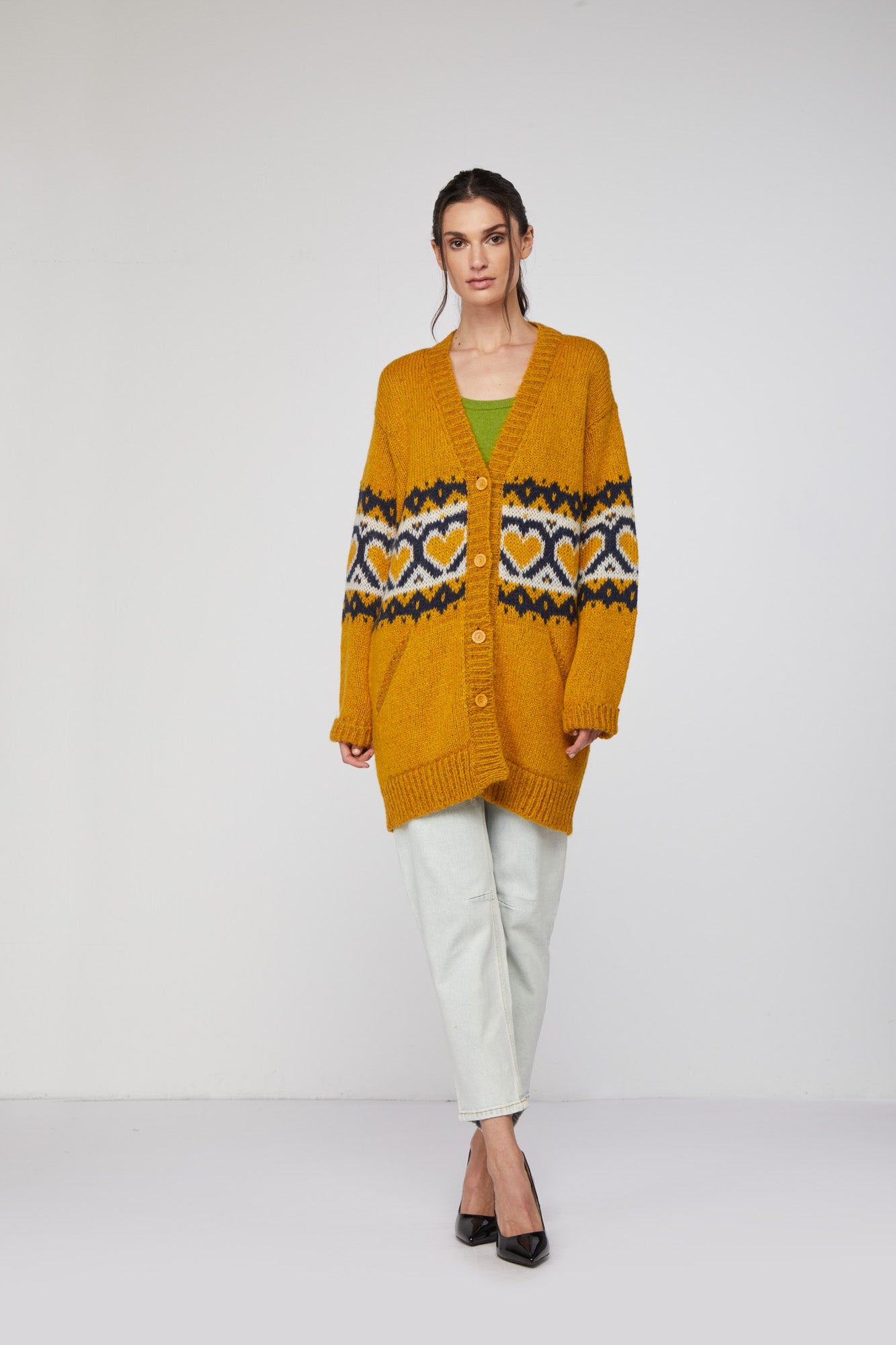 TWINSET Cardigan Maxi Senape con Fantasia Cuori