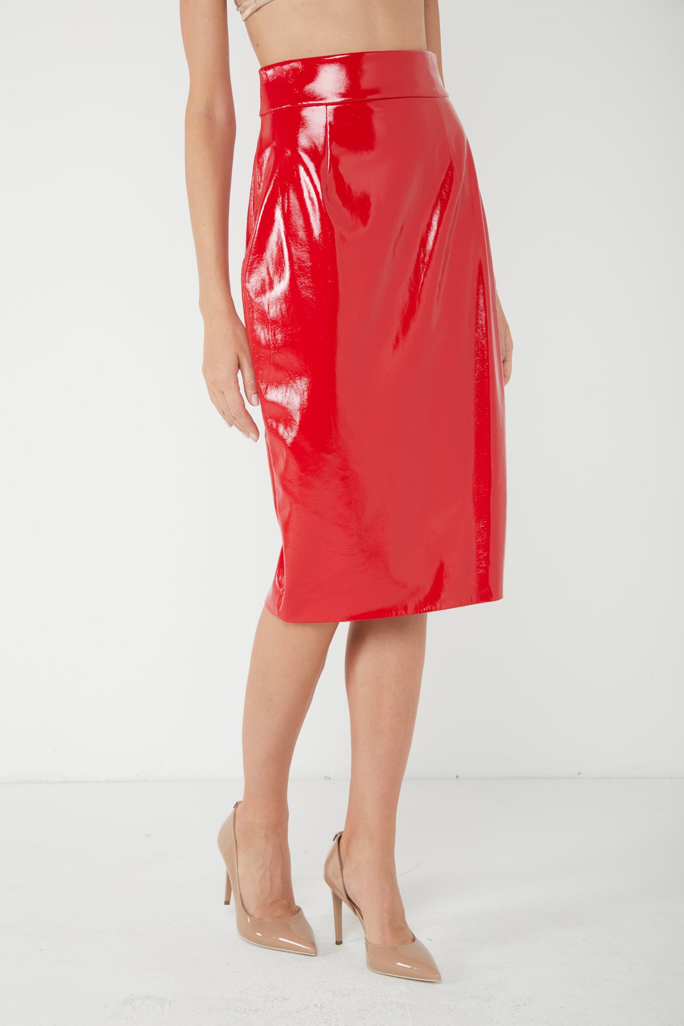 NINEMINUTES The Pencil Latex Red Skirt