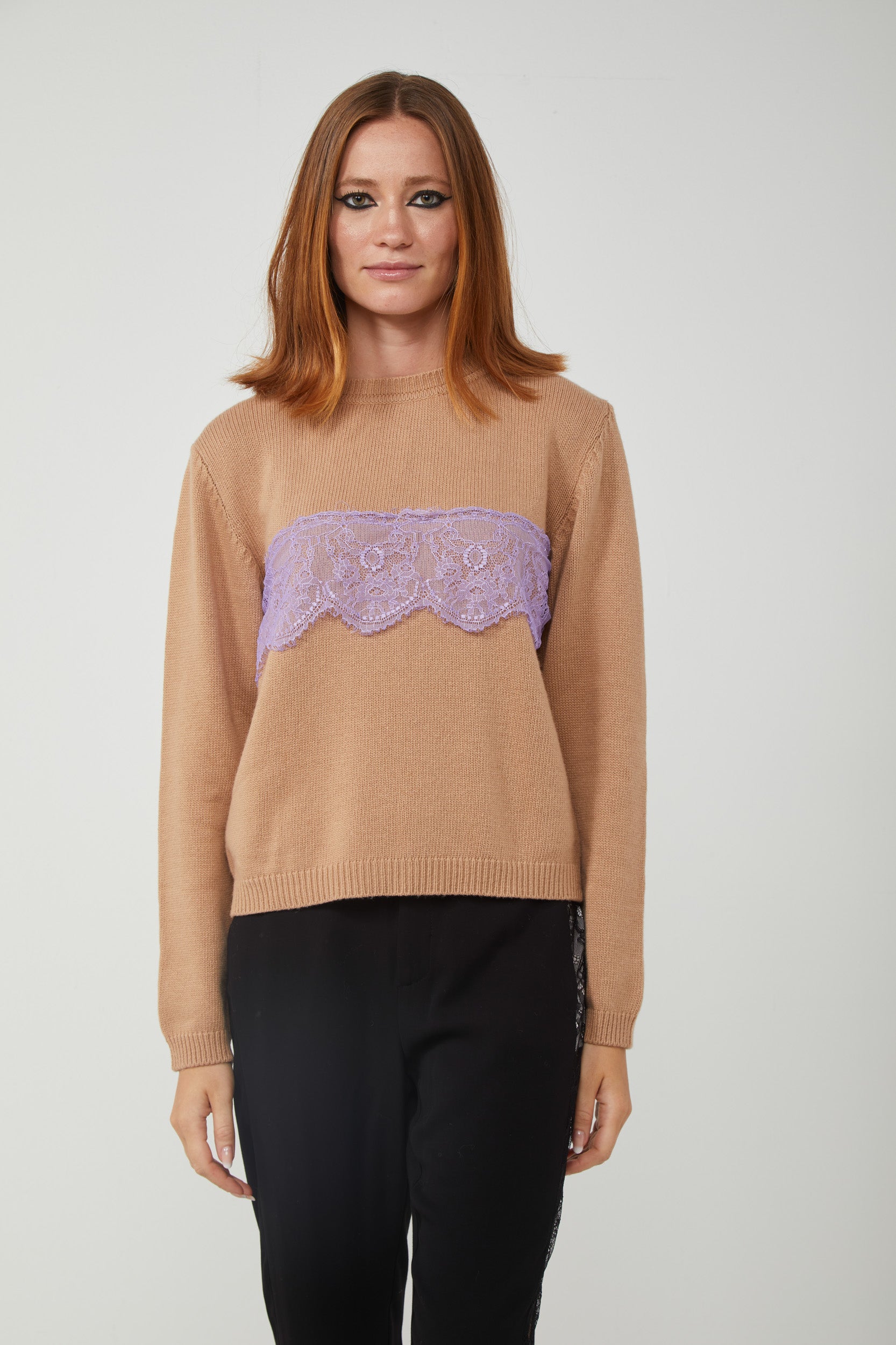 Beige sweater with lilac lace