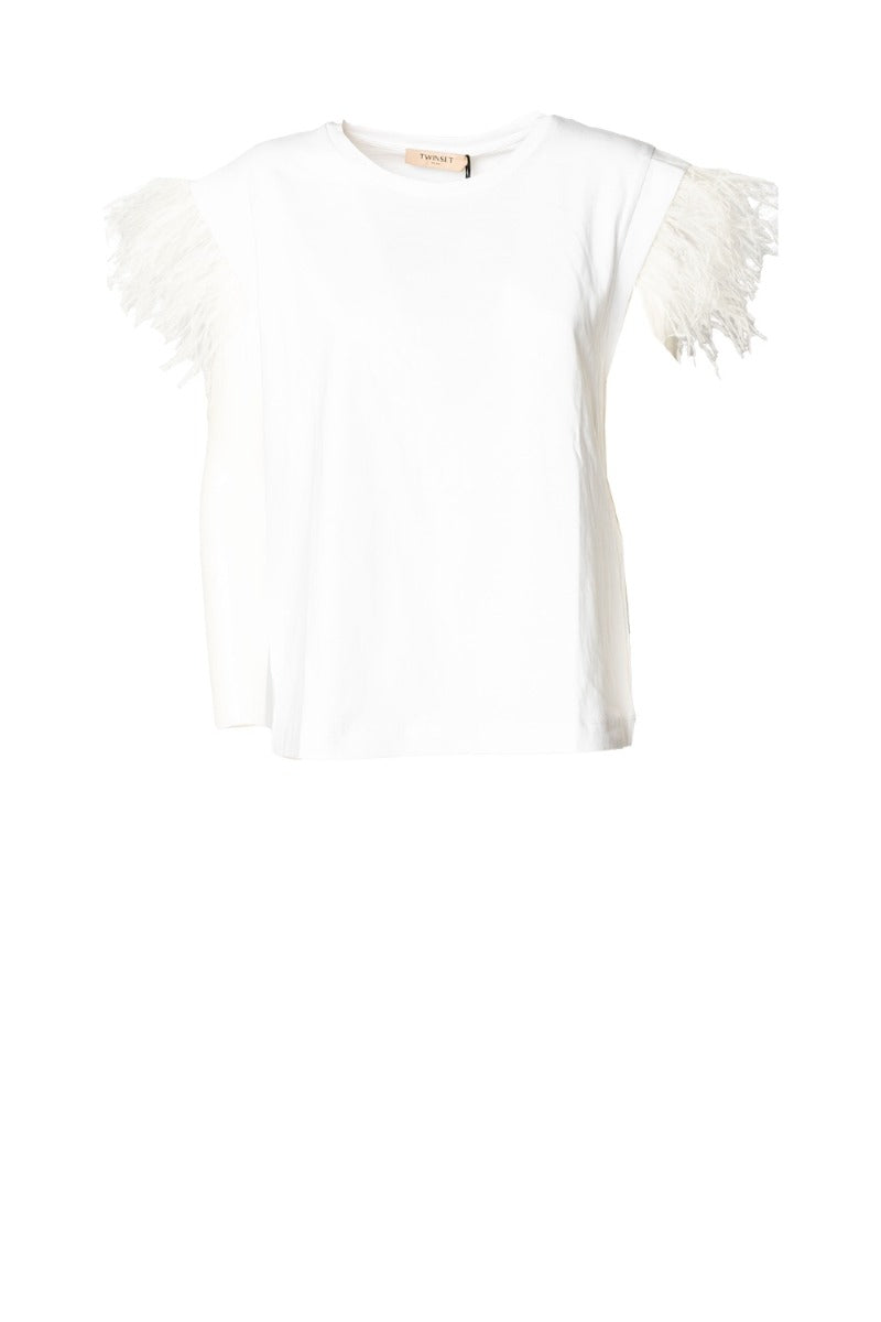 White T-shirt with Twinset Feathers