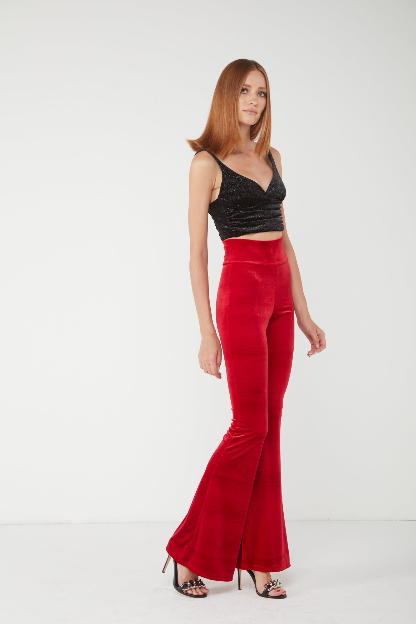 ALESSANDRA GALLO Pantalone a Zampa in Velluto Rosso