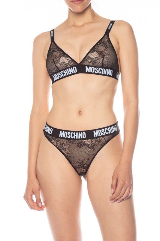 MOSCHINO Black Lace Thong with Moschino Logo