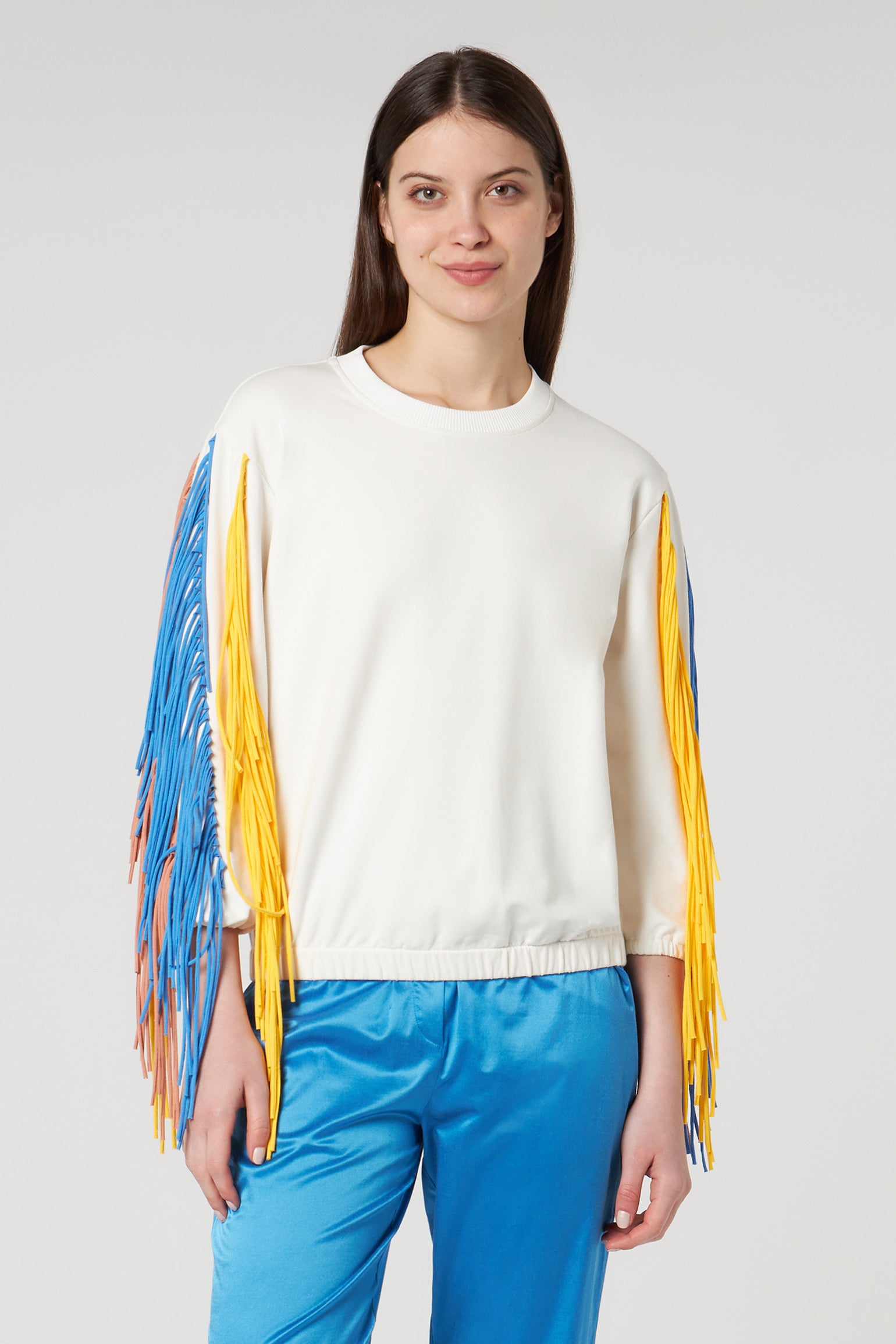 JIJIL Cream Cotton Sweatshirt with Multicolor Fringes
