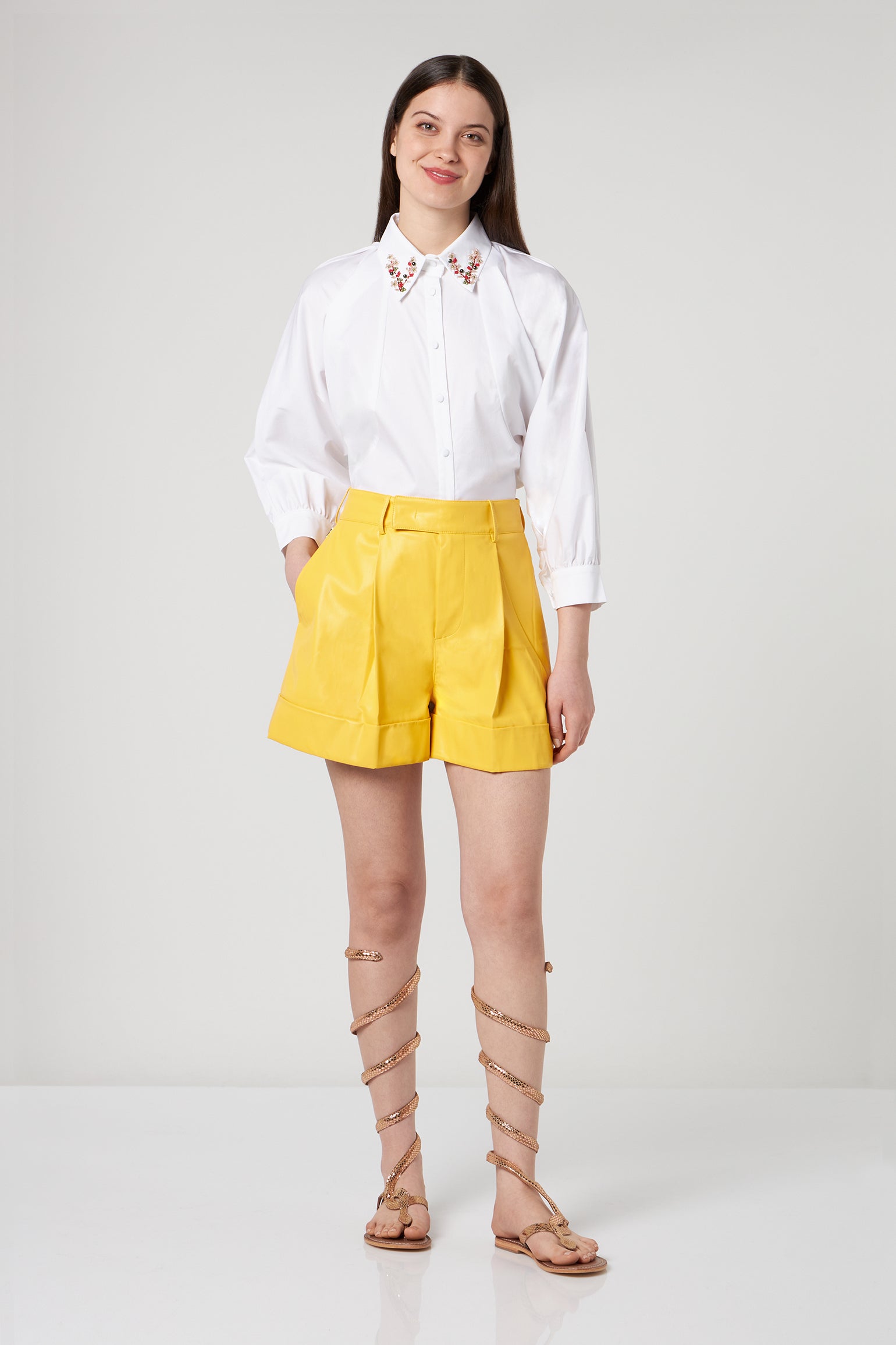 JIJIL Yellow Faux Leather Shorts