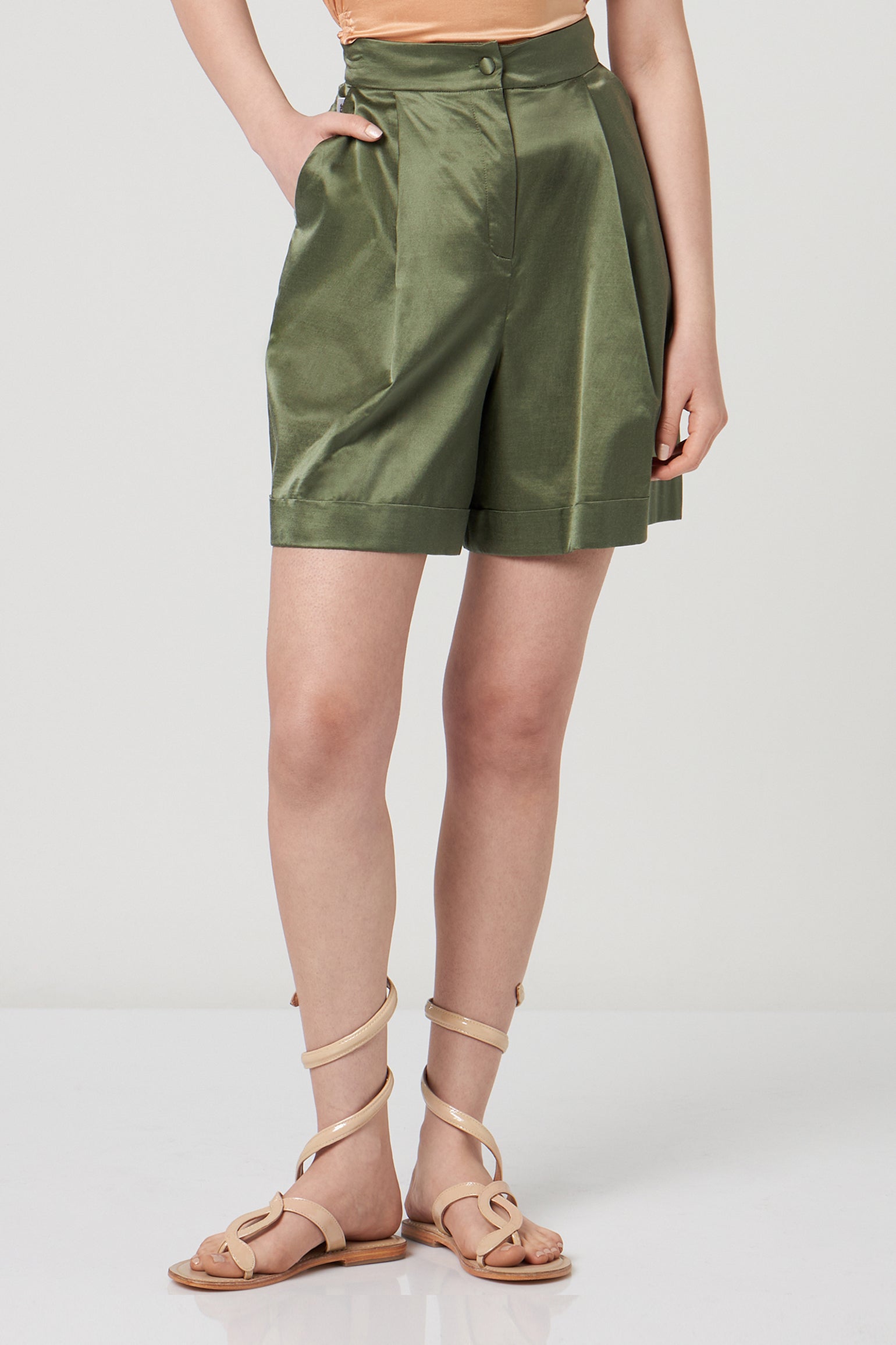 JIJIL Military Green Satin Shorts