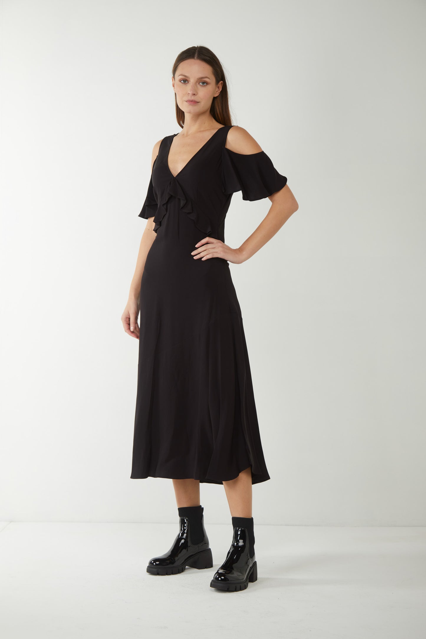 TWINSET Abito Lungo in Georgette con Volant Nero