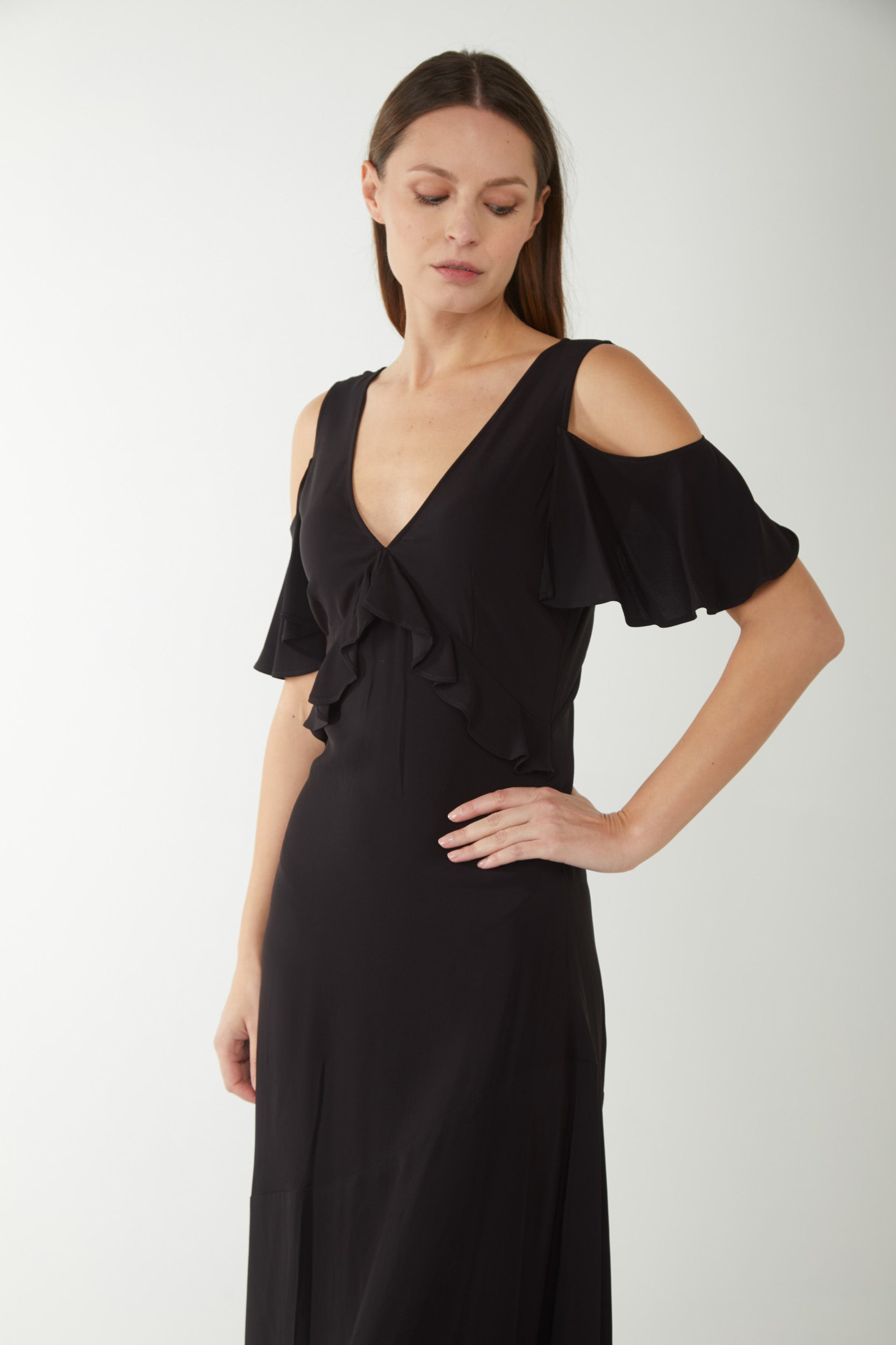 TWINSET Abito Lungo in Georgette con Volant Nero