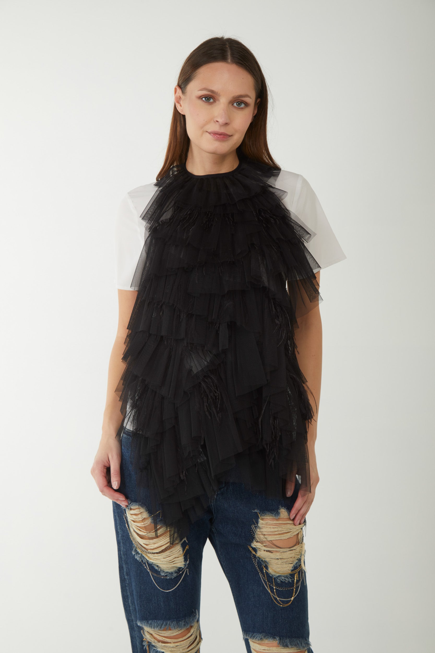 TWINSET T-shirt and top in flounced tulle with feathers