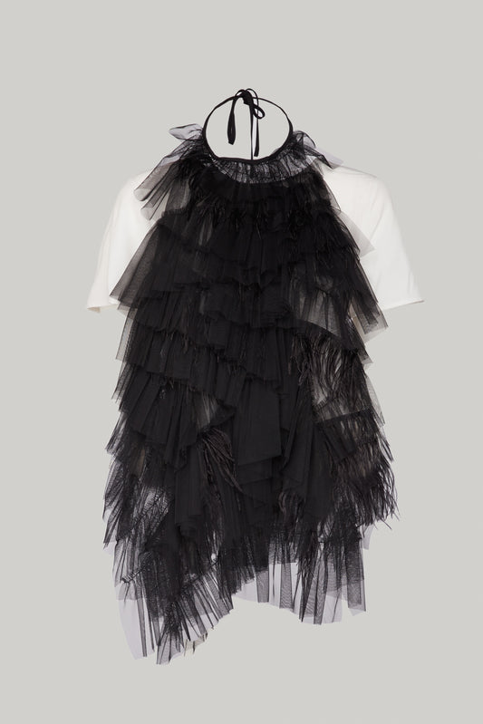 TWINSET T-shirt and top in flounced tulle with feathers