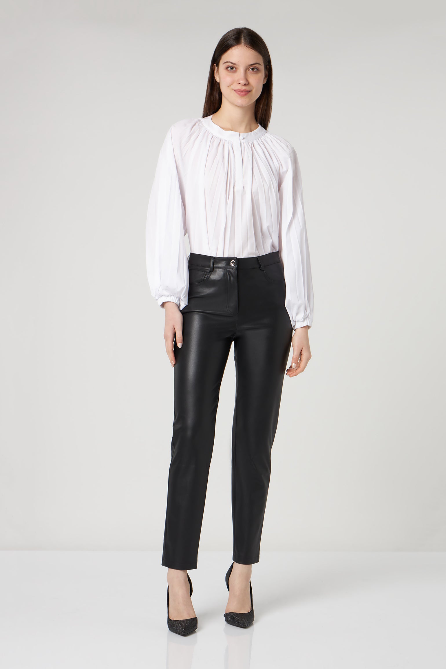 PATRIZIA PEPE Black Faux Leather Pants with Flowers